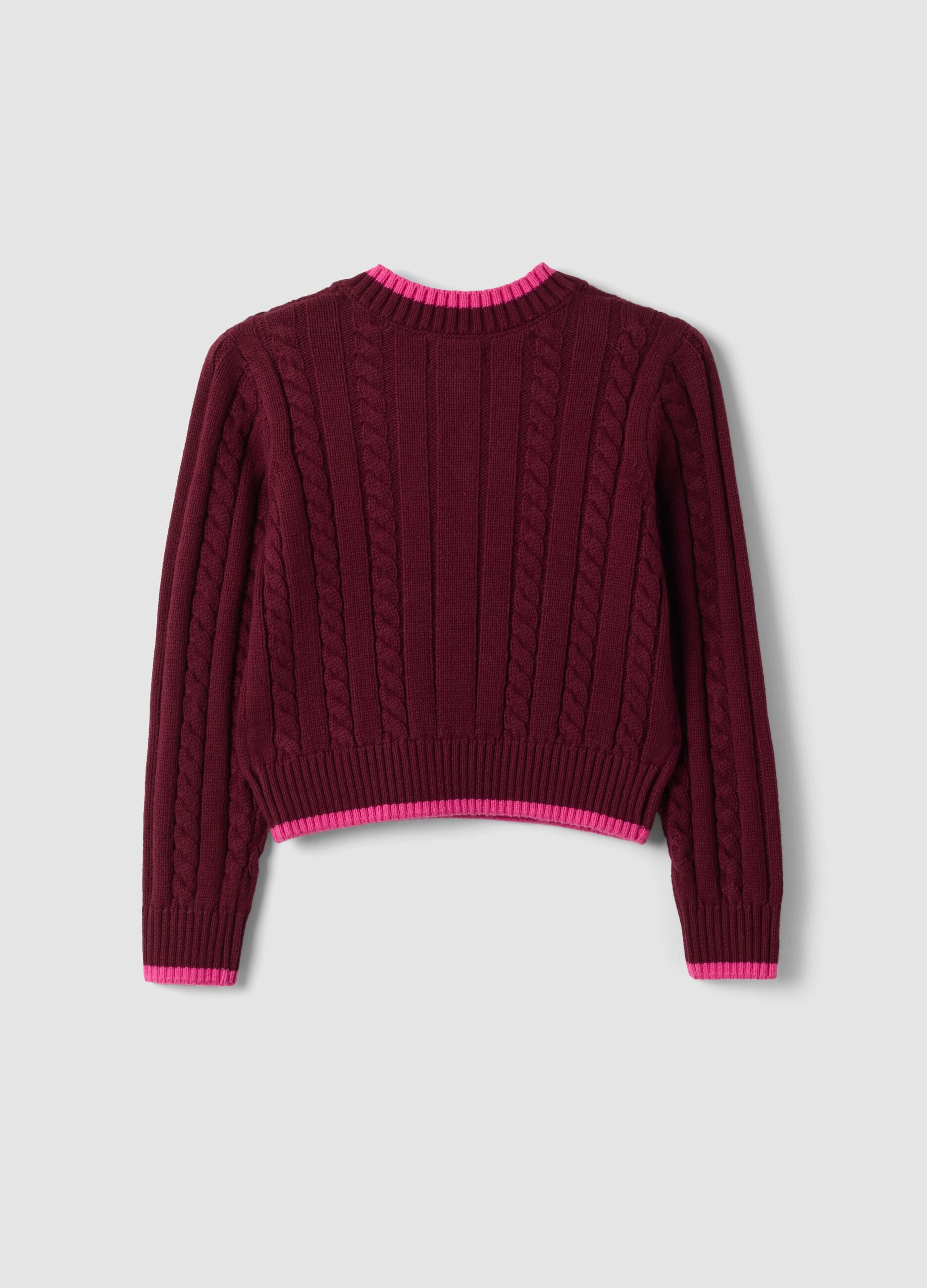 Red pure cotton cable-knit V-neck jumper for girls