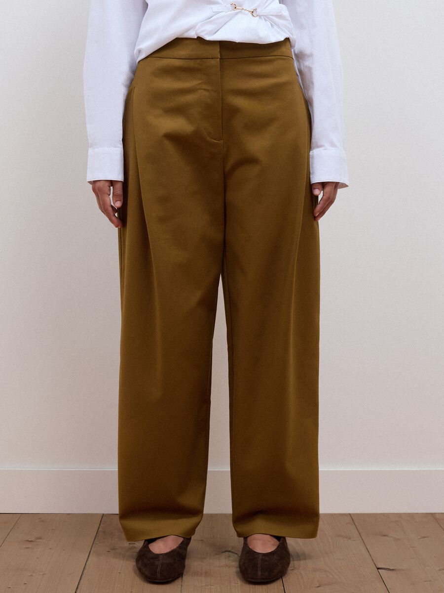 Brown stretch-cotton formal barrel-fit trousers_1