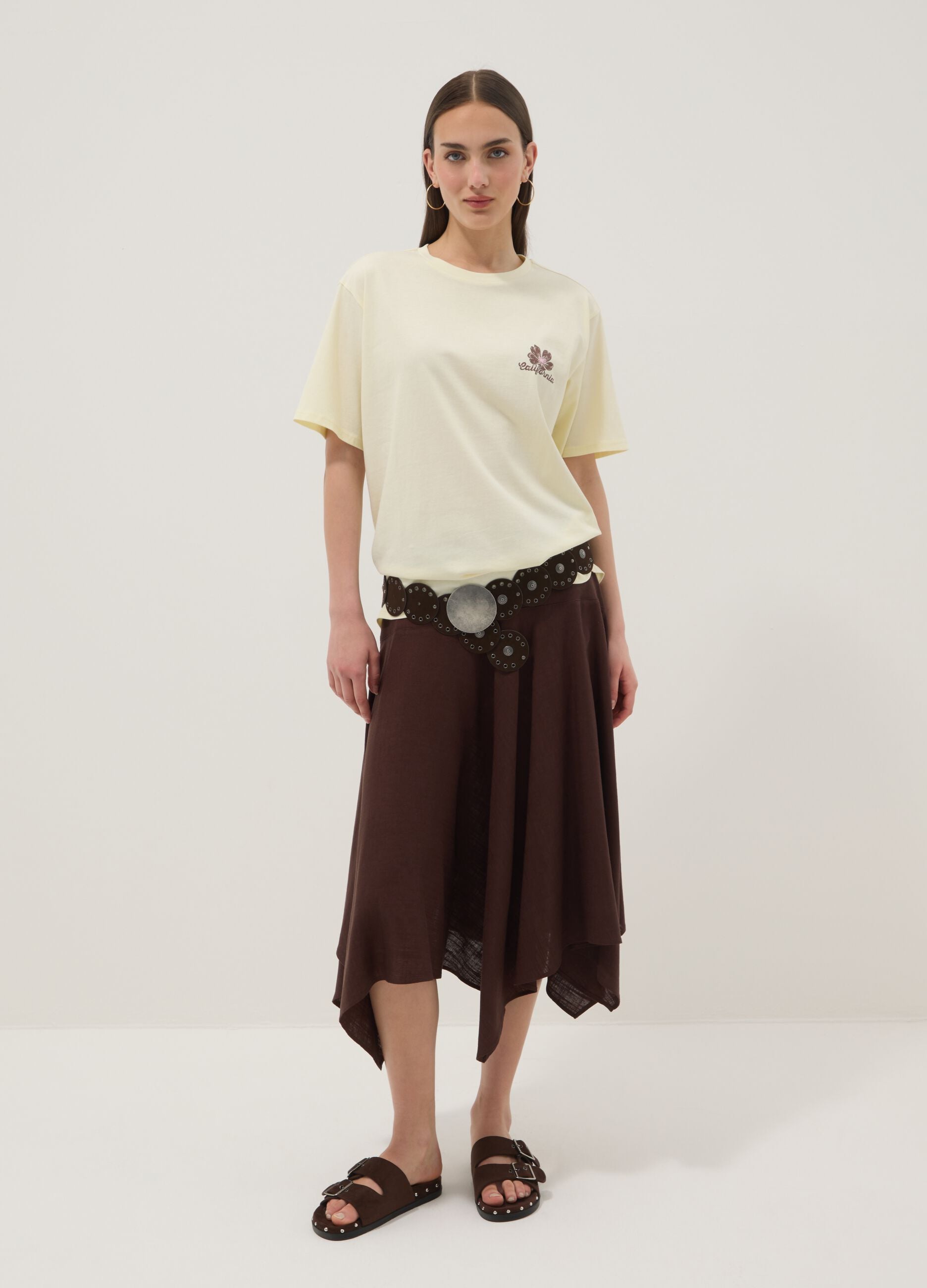 Yellow pure cotton T-shirt with contrast print, relaxed fit