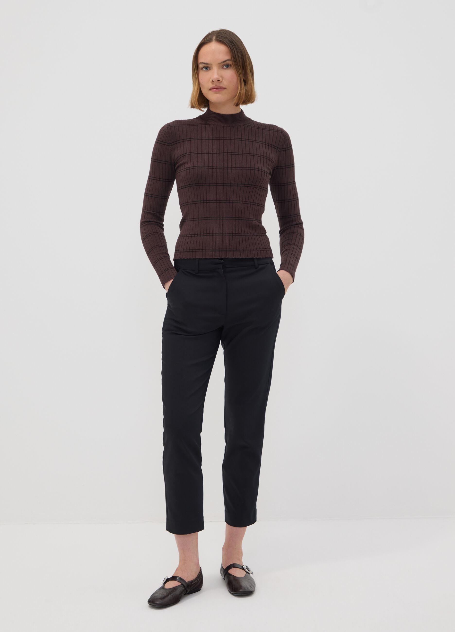 Brown fitted viscose-blend jumper with mock neck