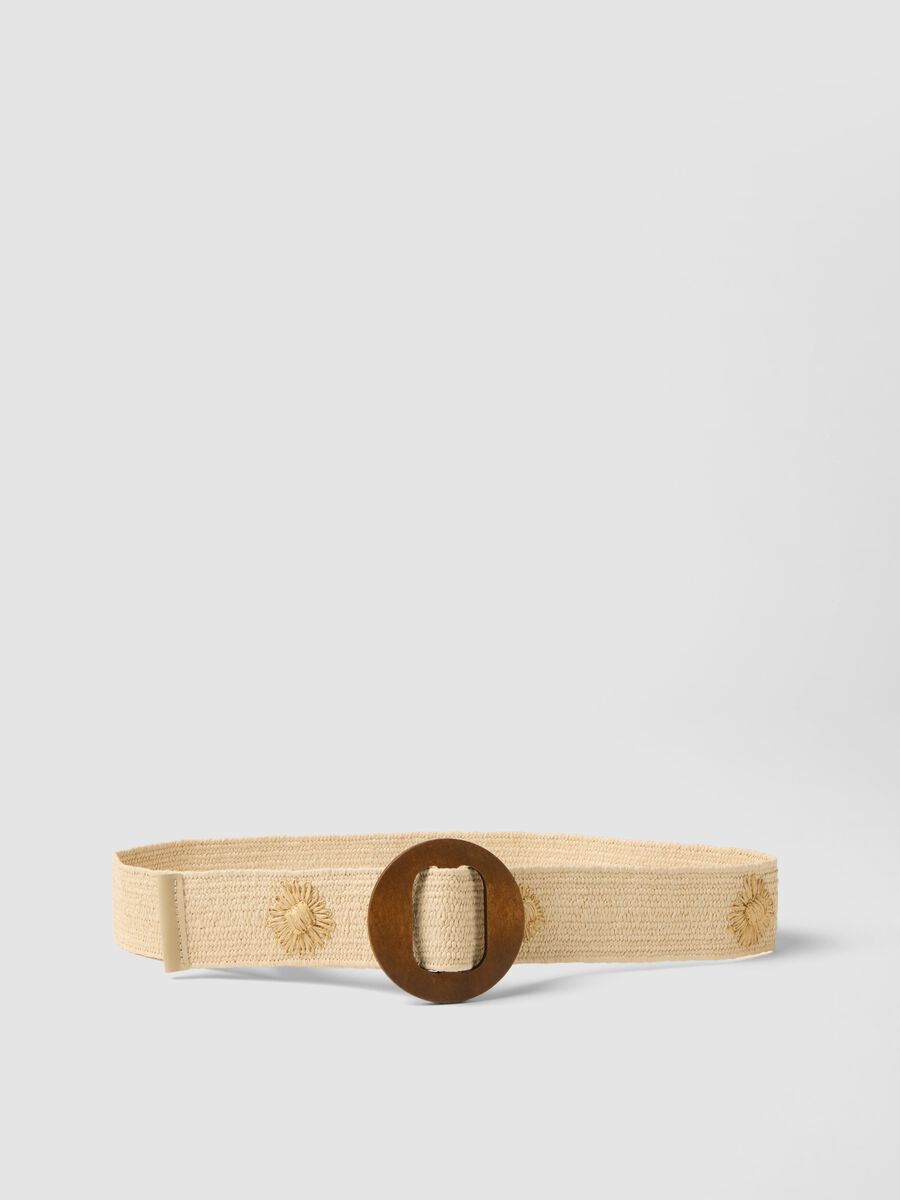 Cintura intrecciata beige con fibbia in legno marrone e decori_0
