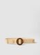 Beige woven belt with brown wooden buckle and embellishments_0
