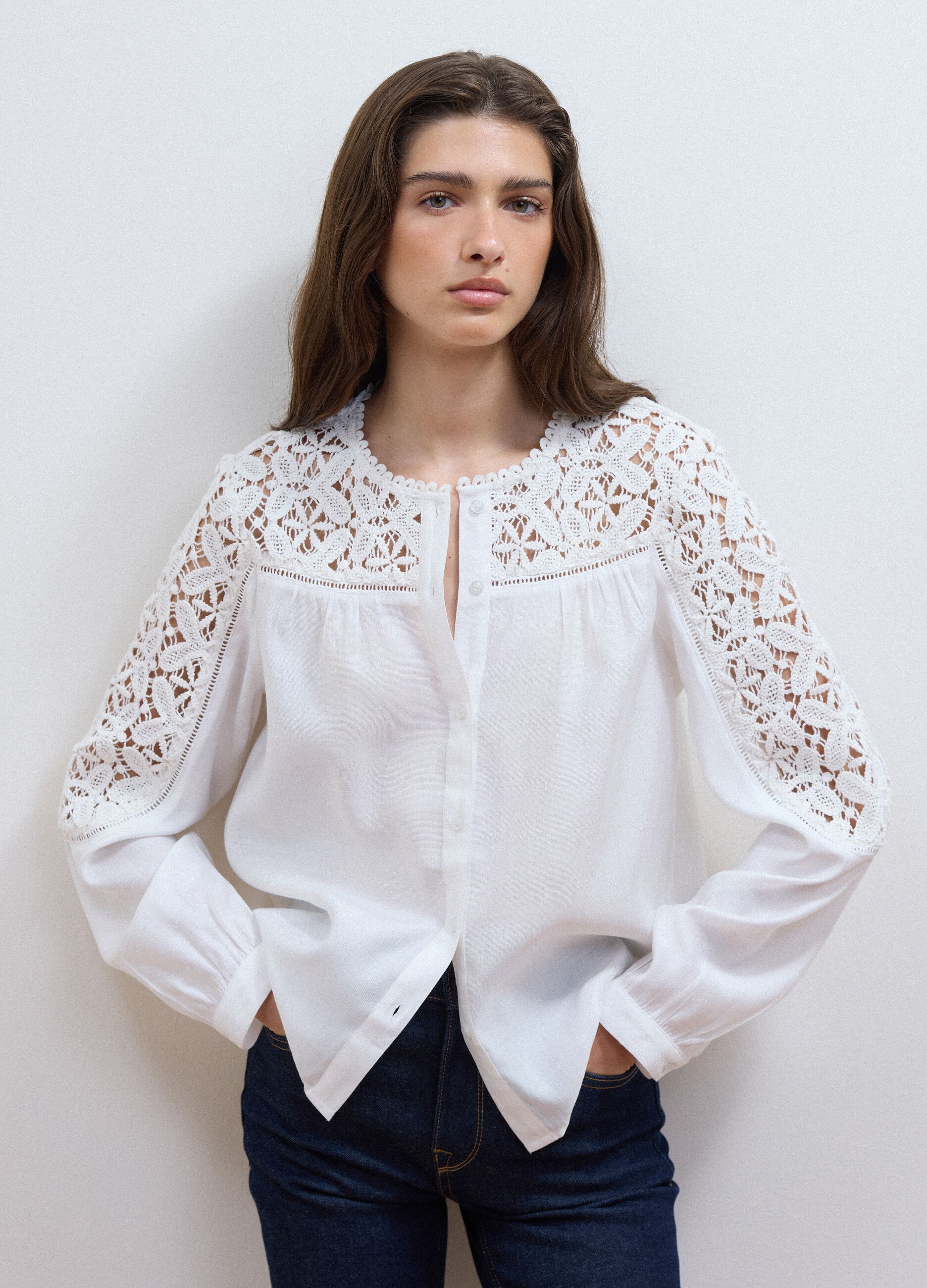 White regular-fit viscose-blend shirt with lace inserts
