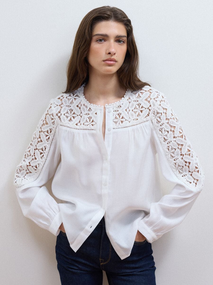 White regular-fit viscose-blend shirt with lace inserts_1