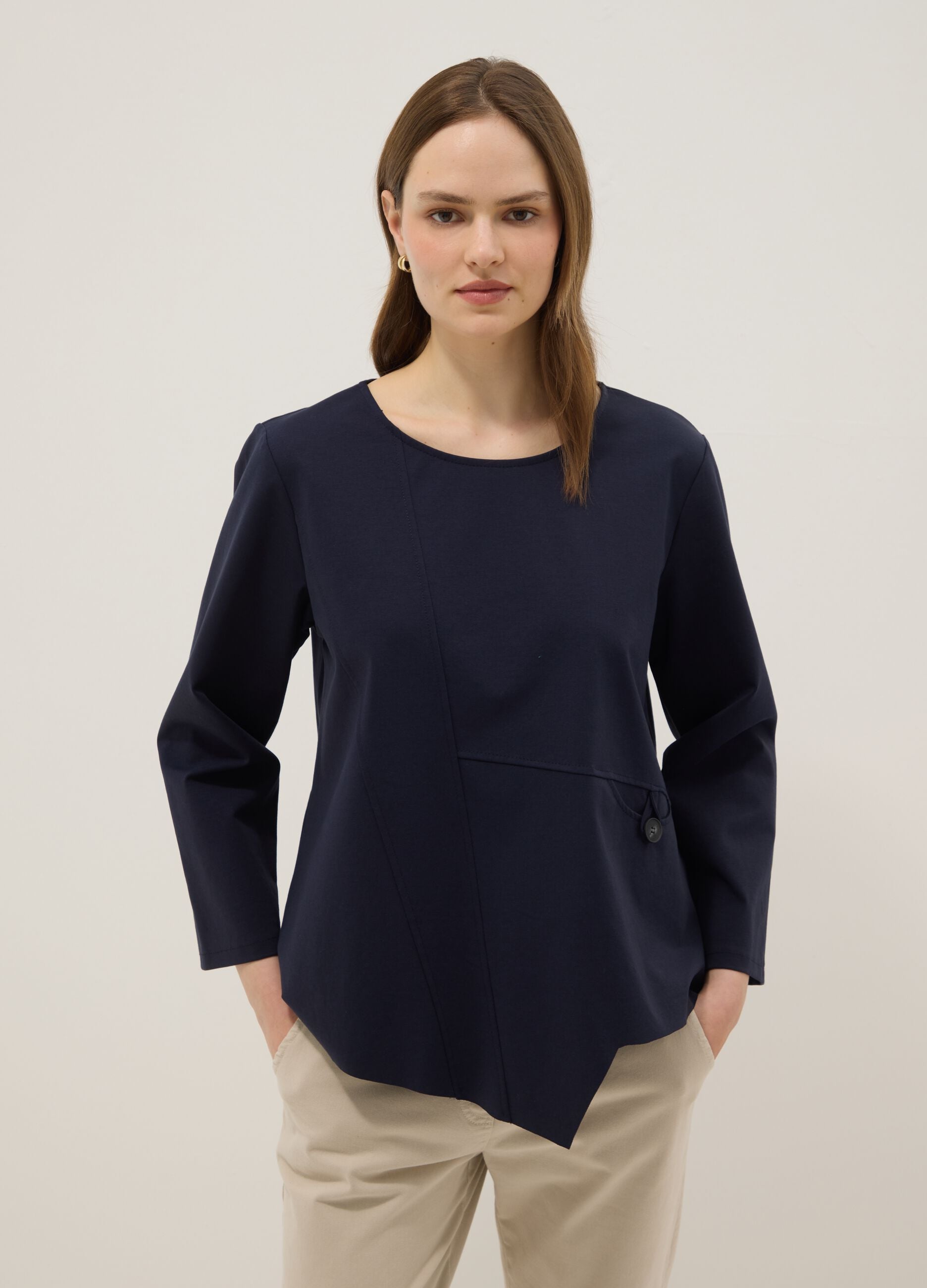 Blue long-sleeved regular-fit stretch cotton blouse