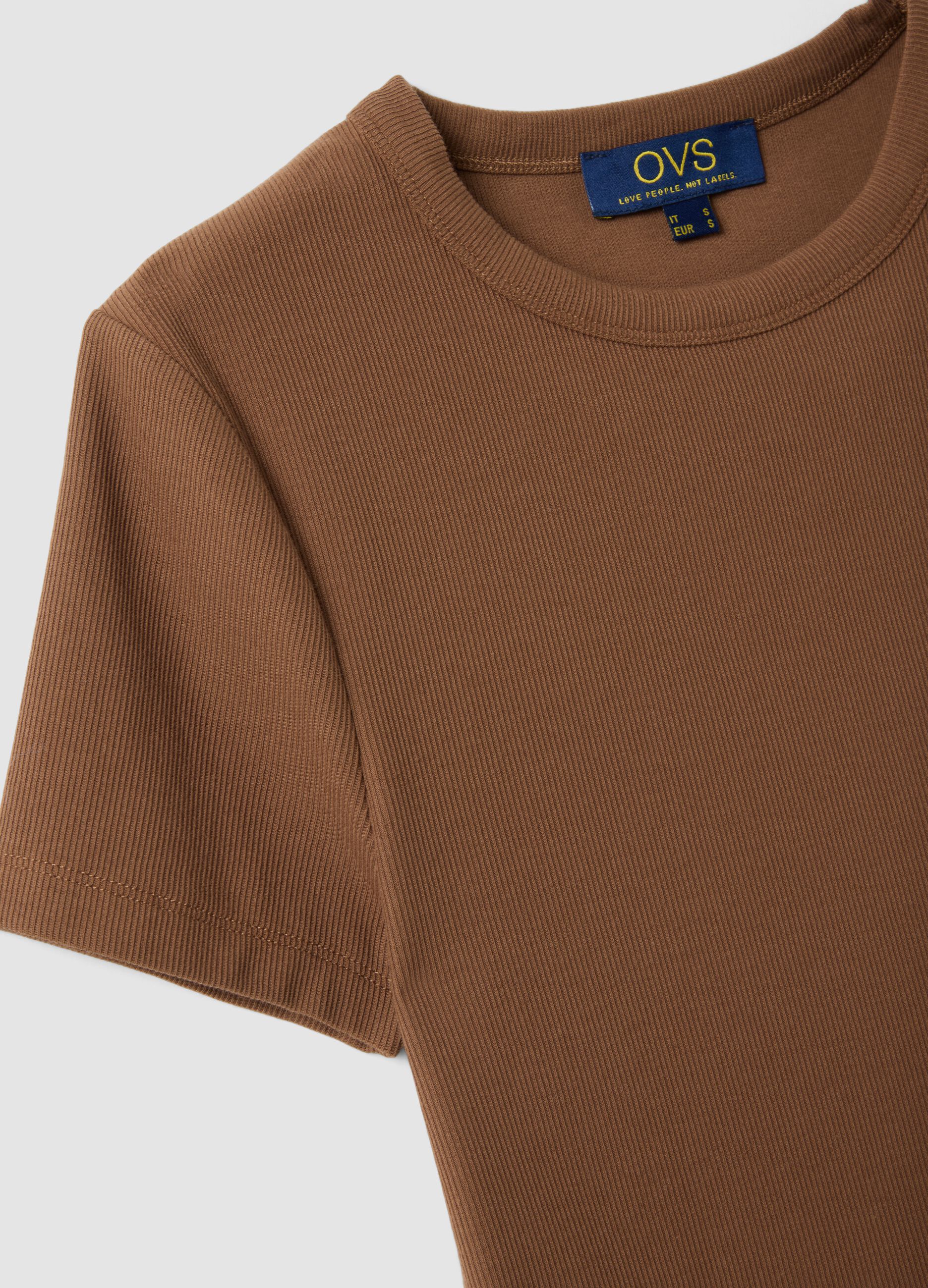 Brown fitted short-sleeve stretch cotton T-shirt