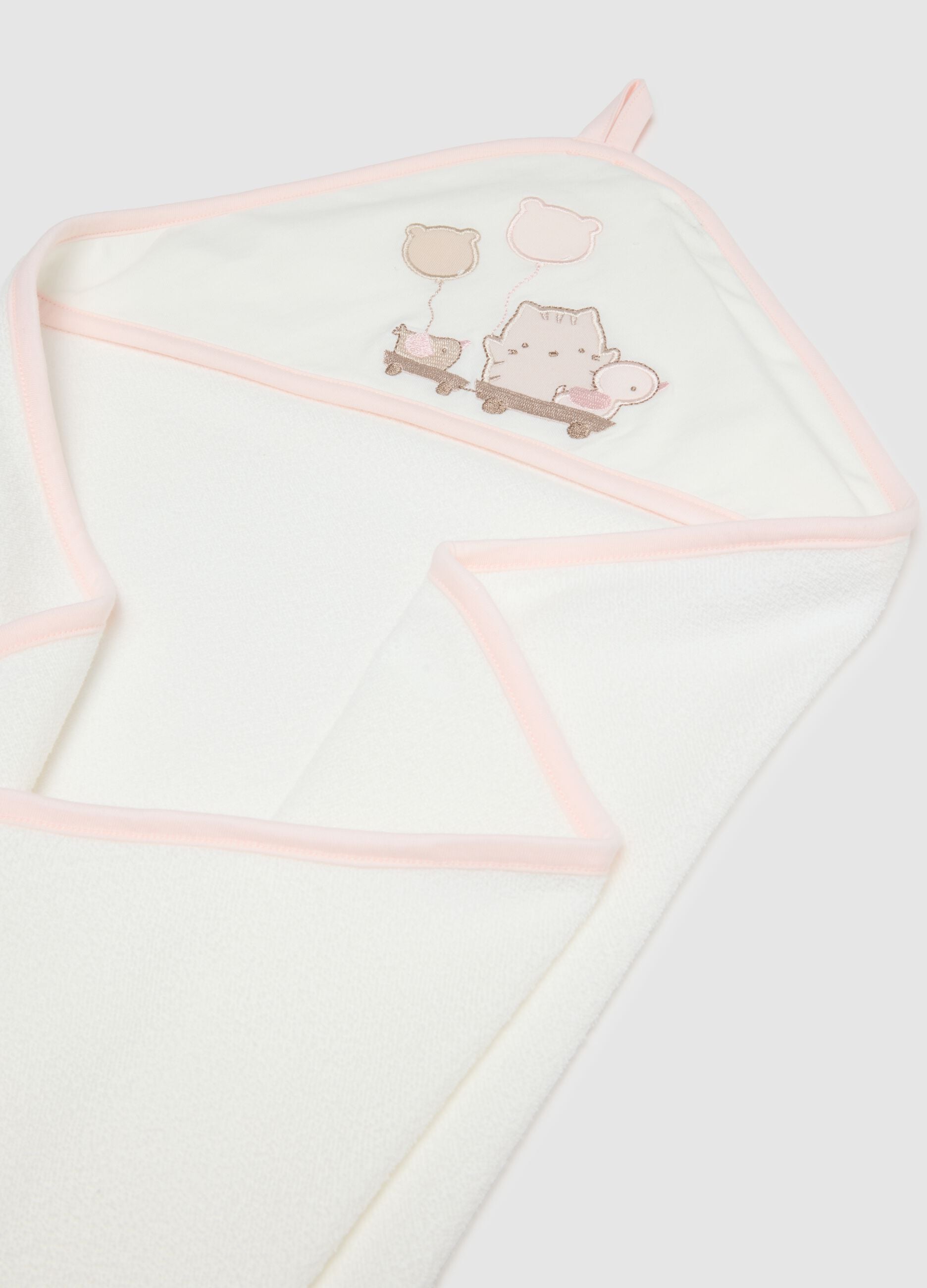 White cotton blend bathrobe with hood and embroidery