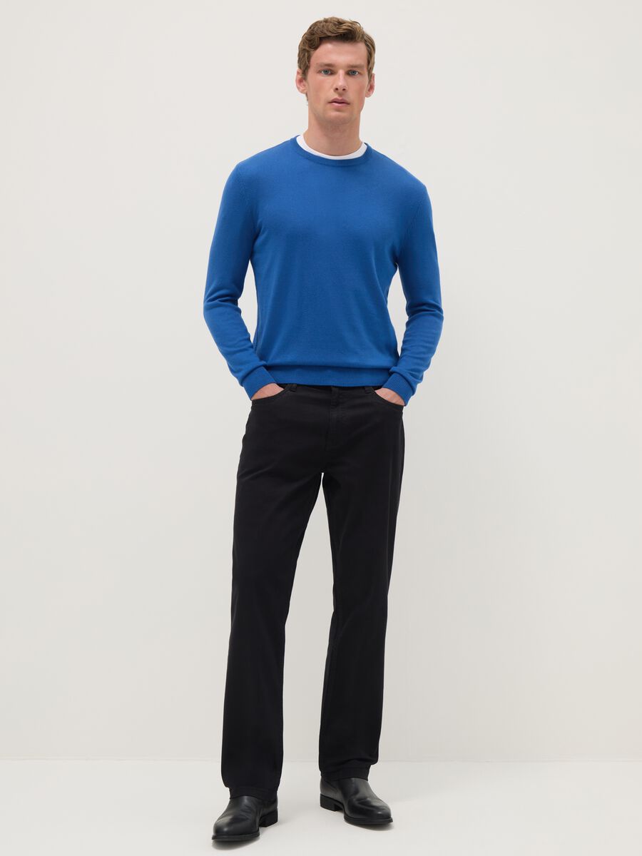 Blue crew neck pullover in cotton blend regular fit_1