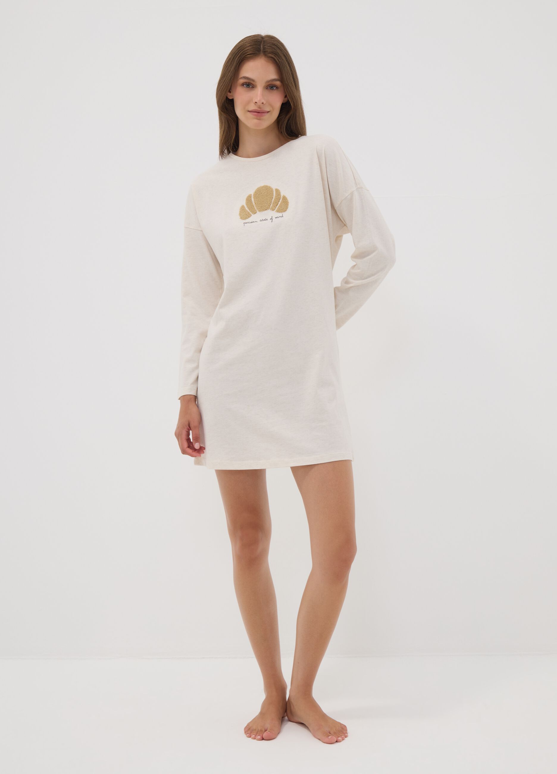 Beige organic pure cotton nightdress with cornet print