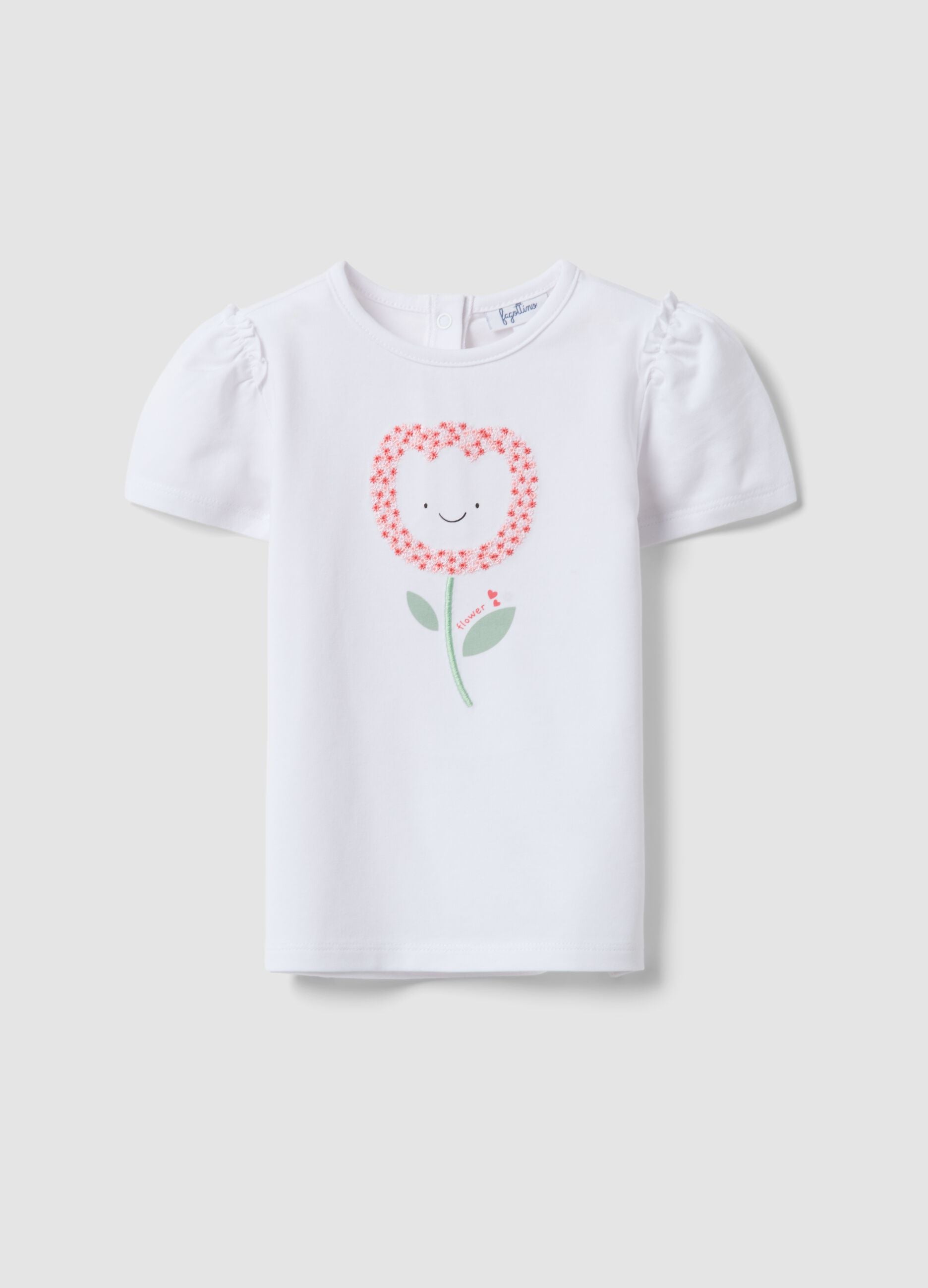 White stretchy cotton regular fit girl&rsquo;s t-shirt with flower embroidery