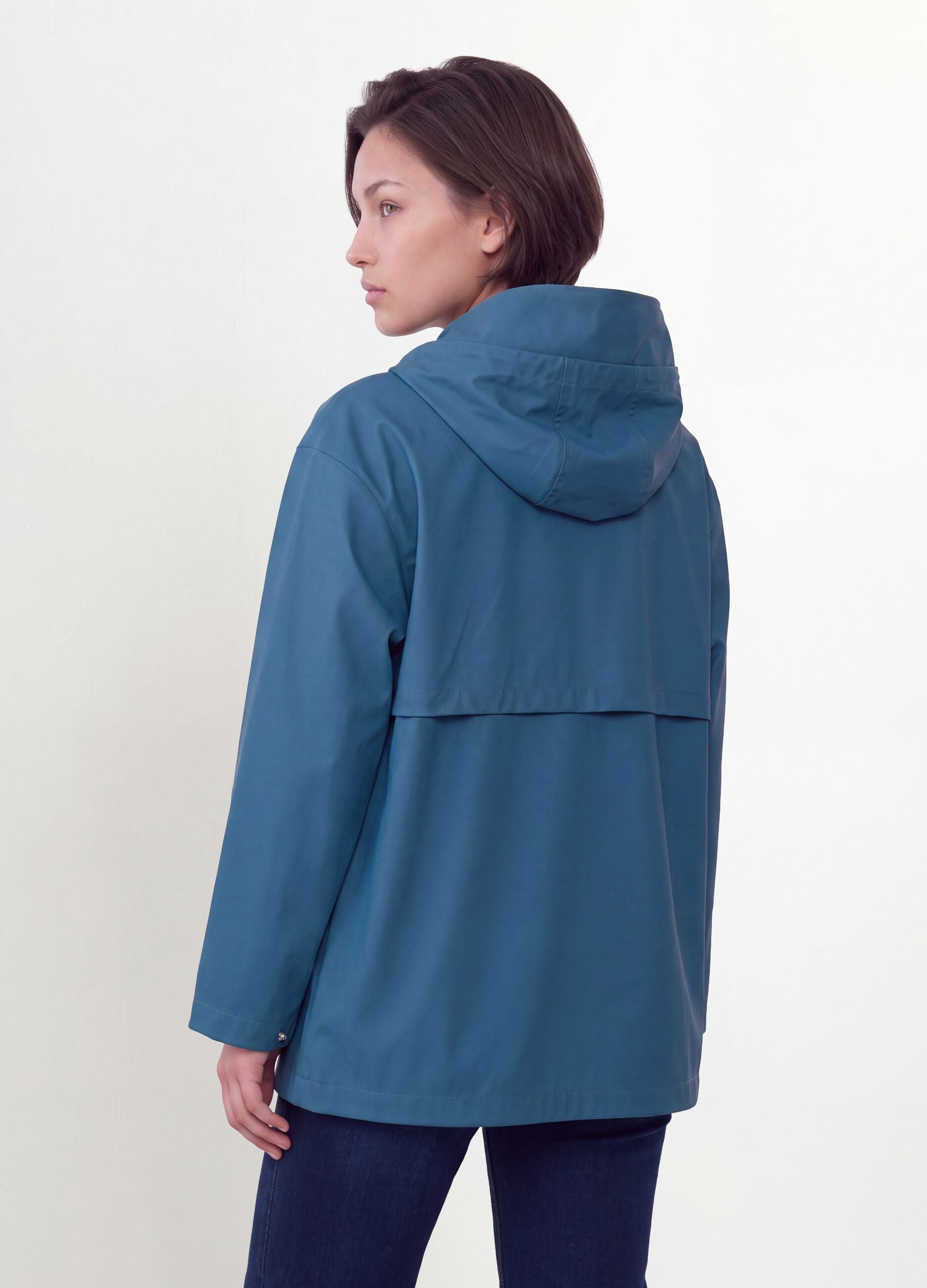Blue hooded rain jacket with zip, regular fit