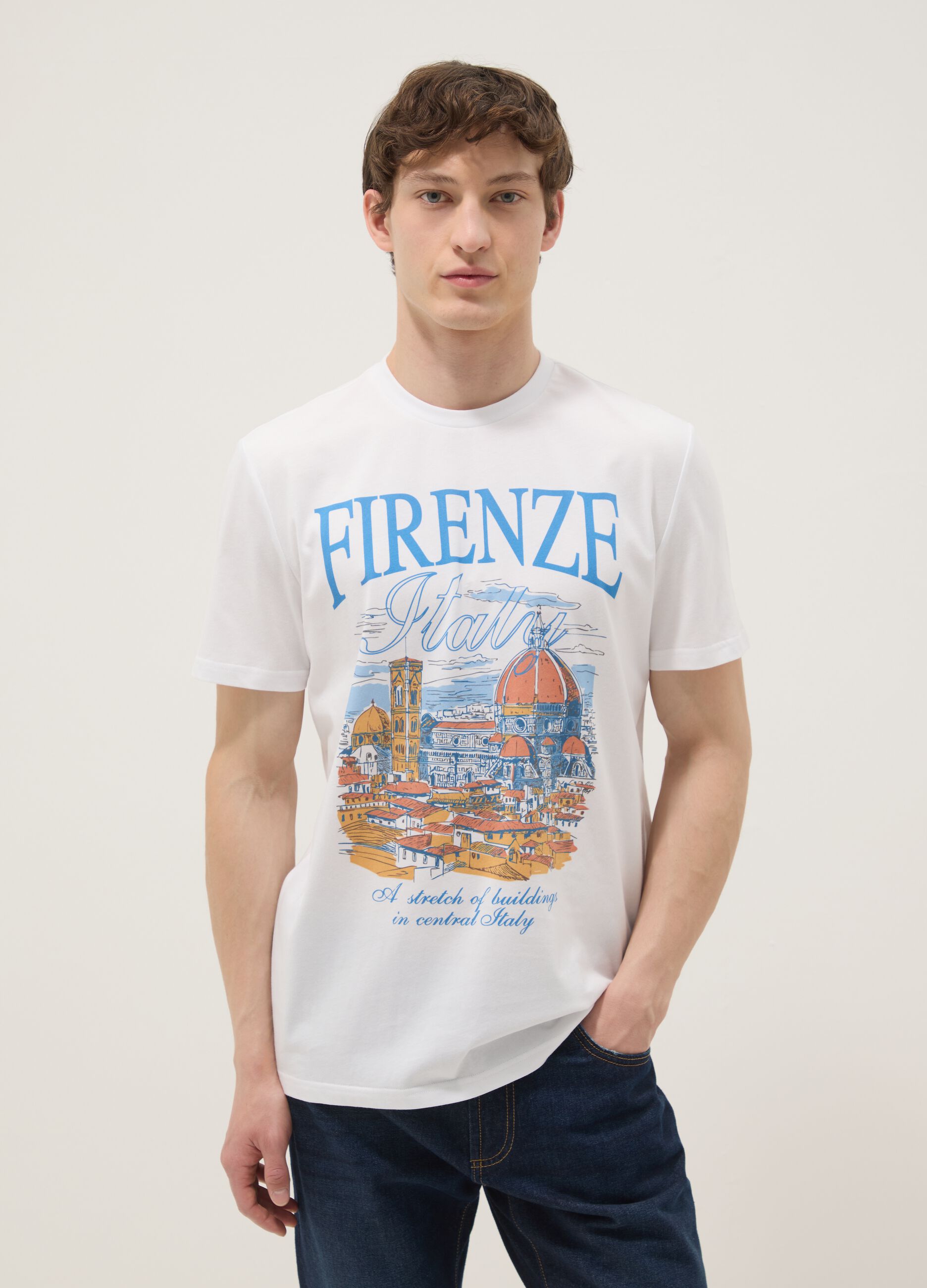 White pure cotton T-shirt with front print, regular fit