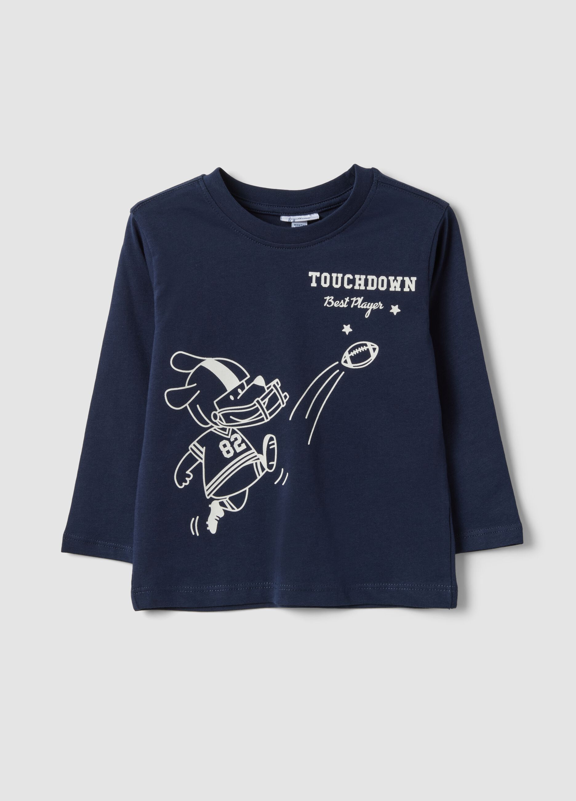 Blue organic cotton T-shirt with collegiate print for baby boy