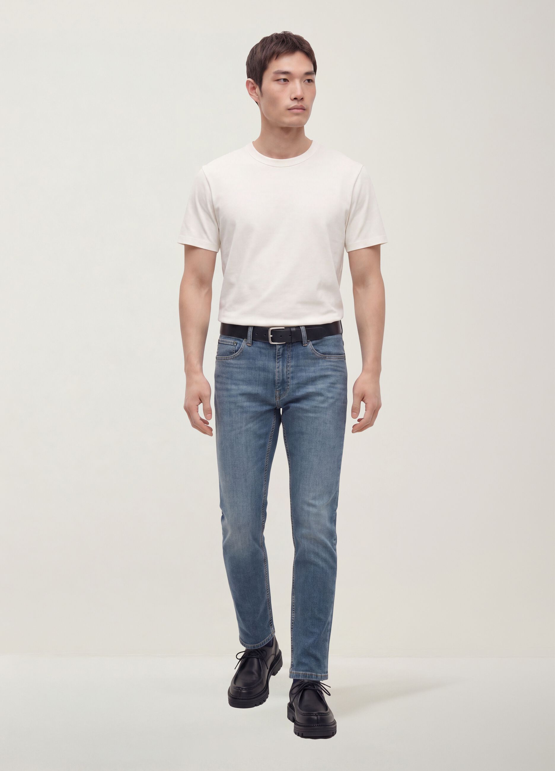White pure cotton crew-neck T-shirt, relaxed fit