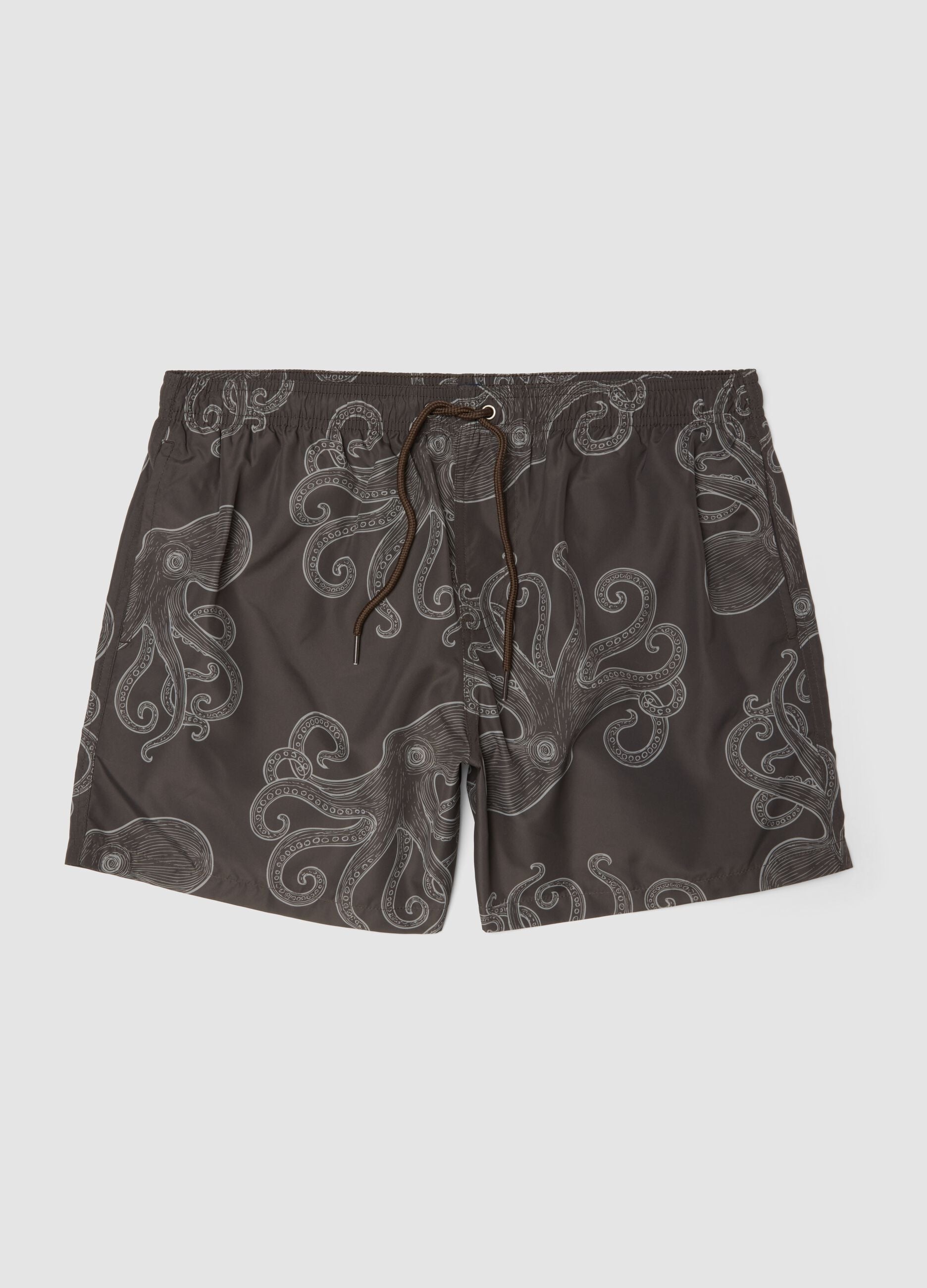 Brown swim shorts with all-over print