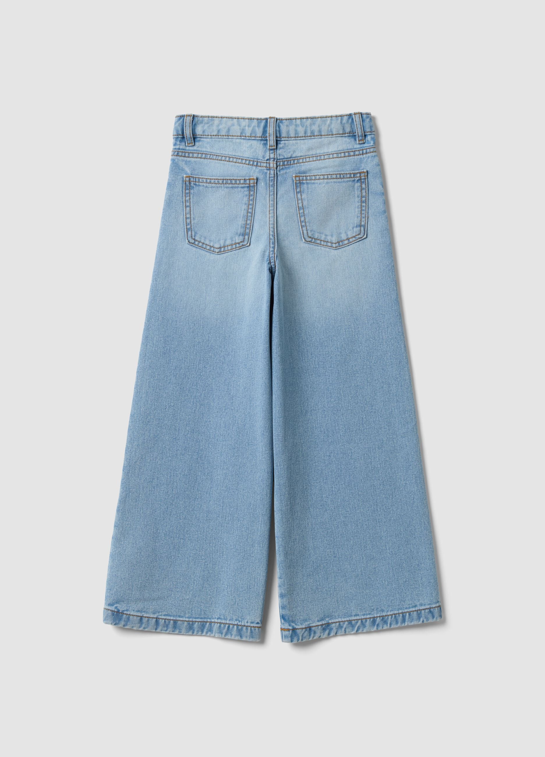 Girls&rsquo; pure cotton wide-leg denim jeans with embroidery