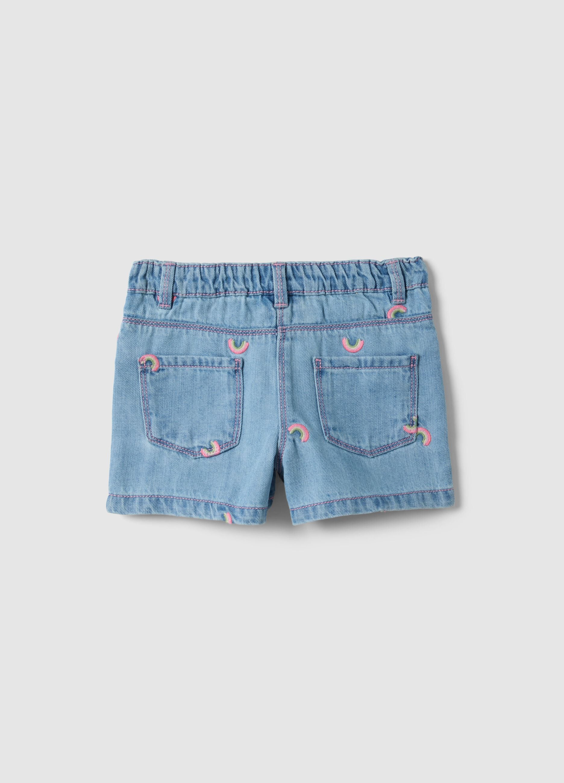 Blue denim cotton blend shorts for girls, regular fit, with embroidery