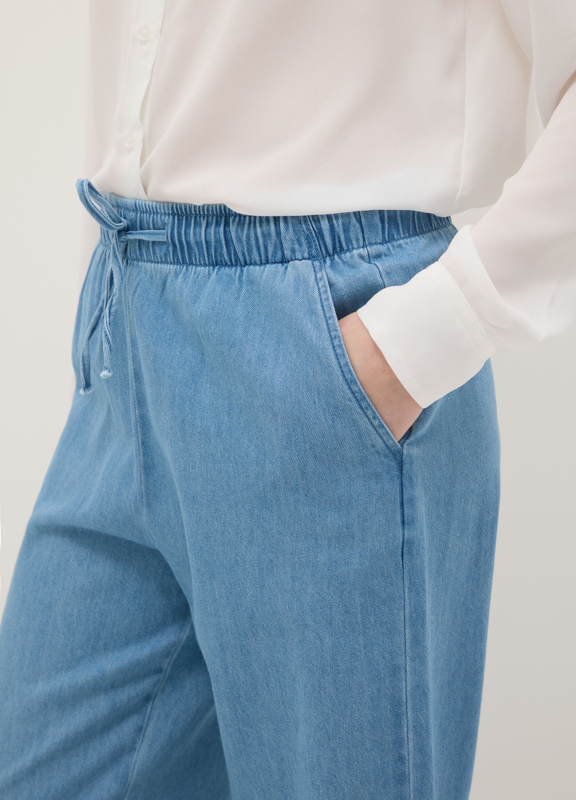 Blue wide leg denim trousers in pure cotton with elastic waistband