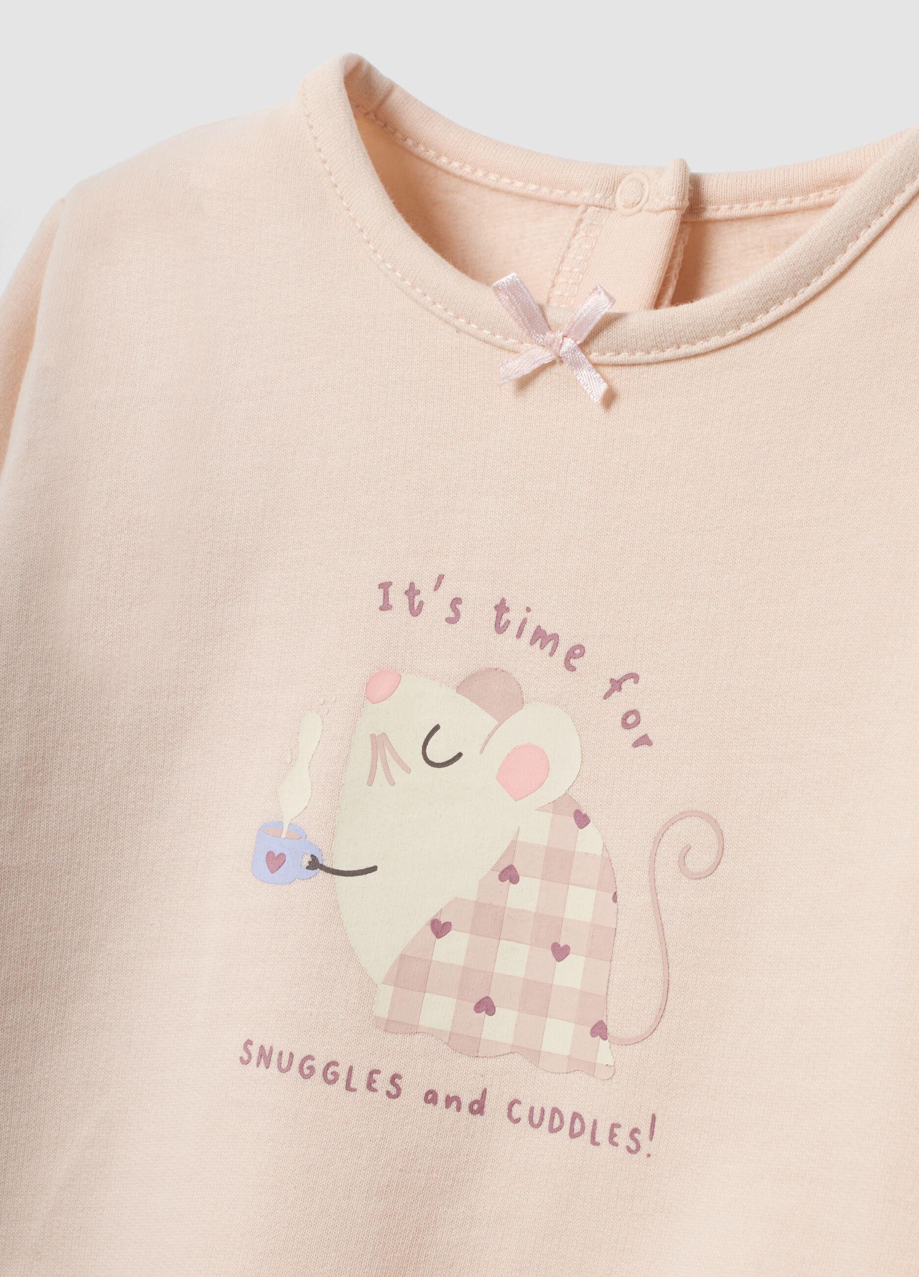 Pink organic cotton crew-neck pyjamas with print for baby girl