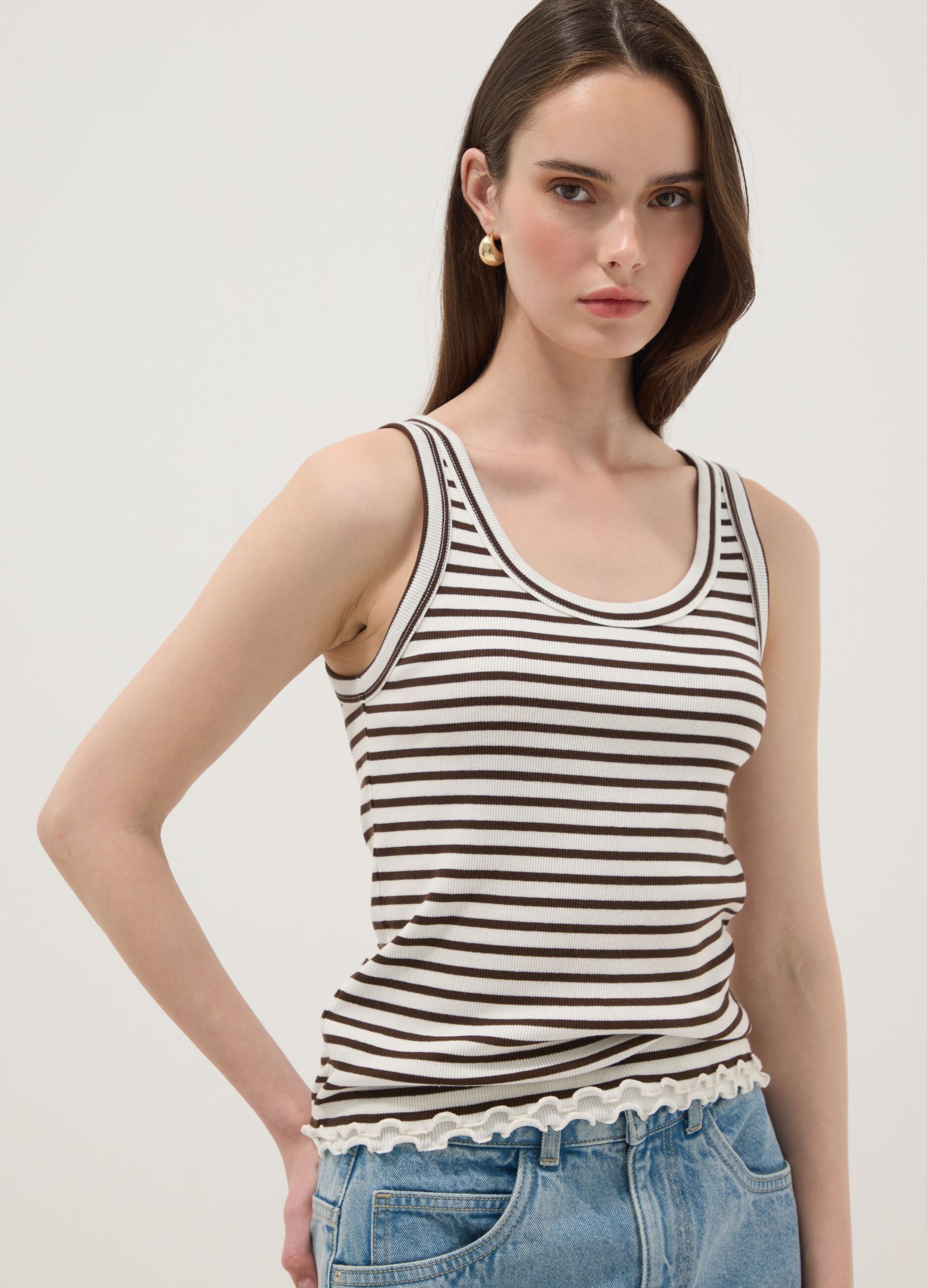 Brown striped pure cotton regular-fit tank top