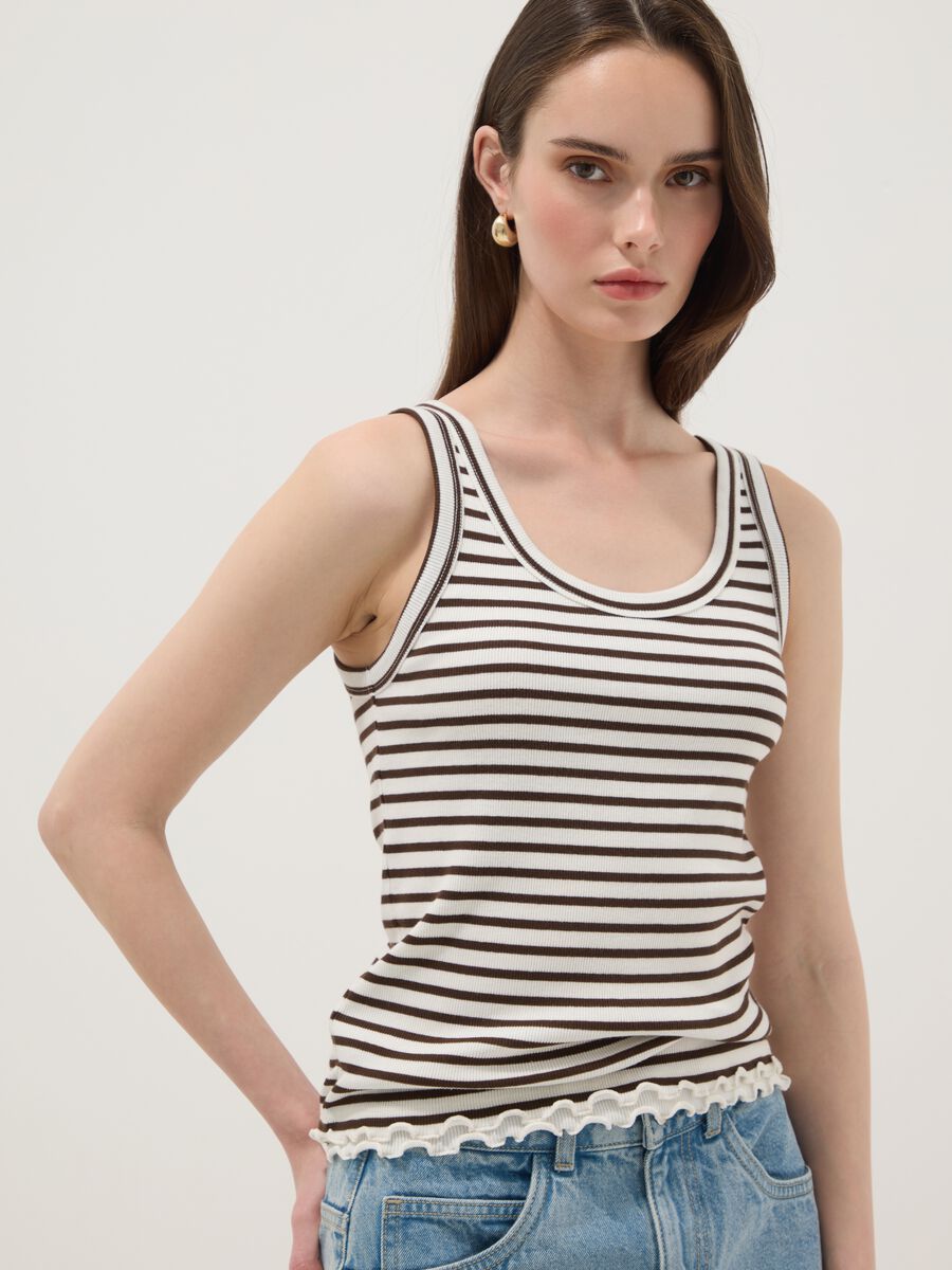 Brown striped pure cotton regular-fit tank top_0