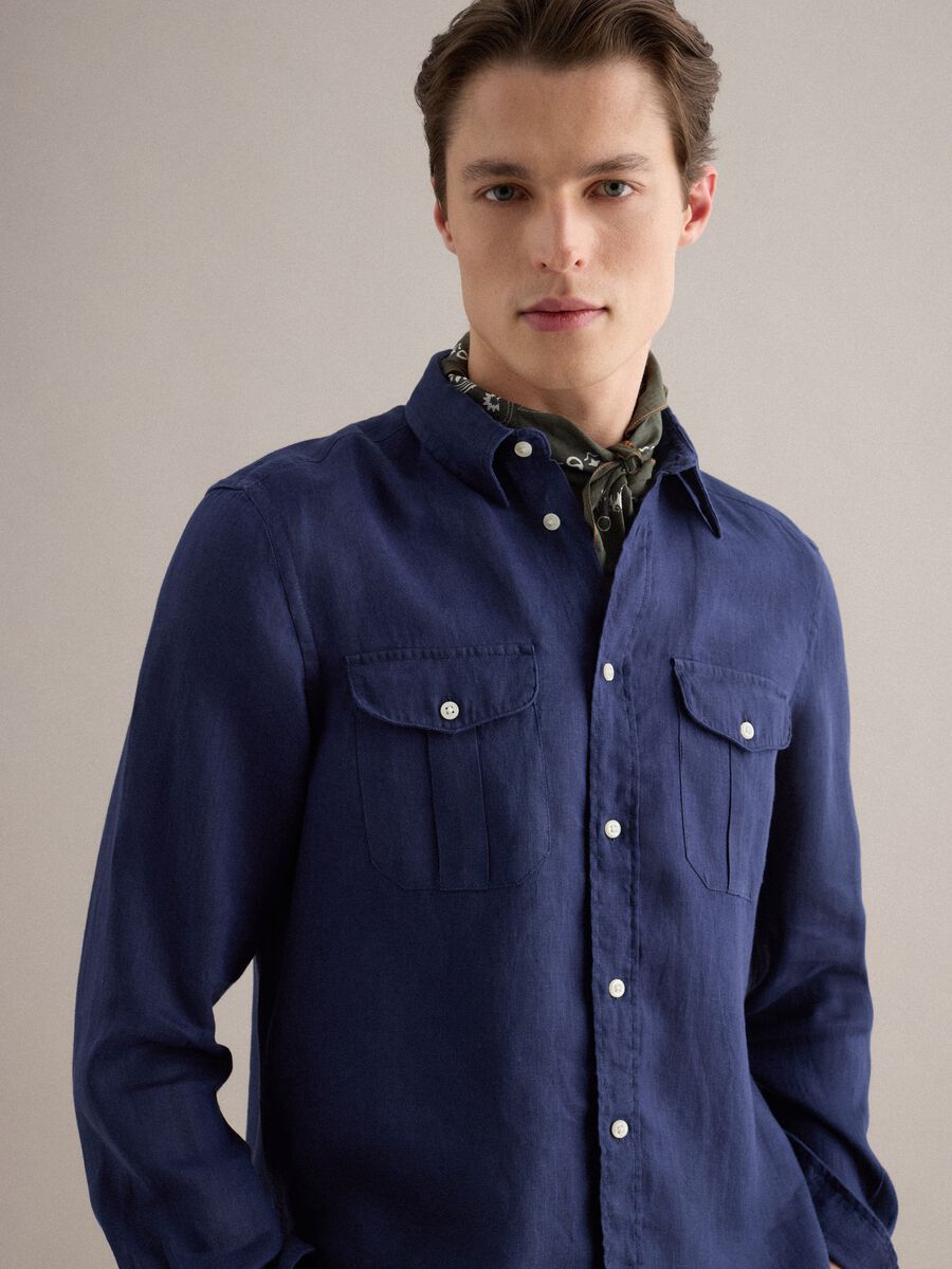 Regular Fit Long-Sleeve Pure Linen Blue Shirt_1