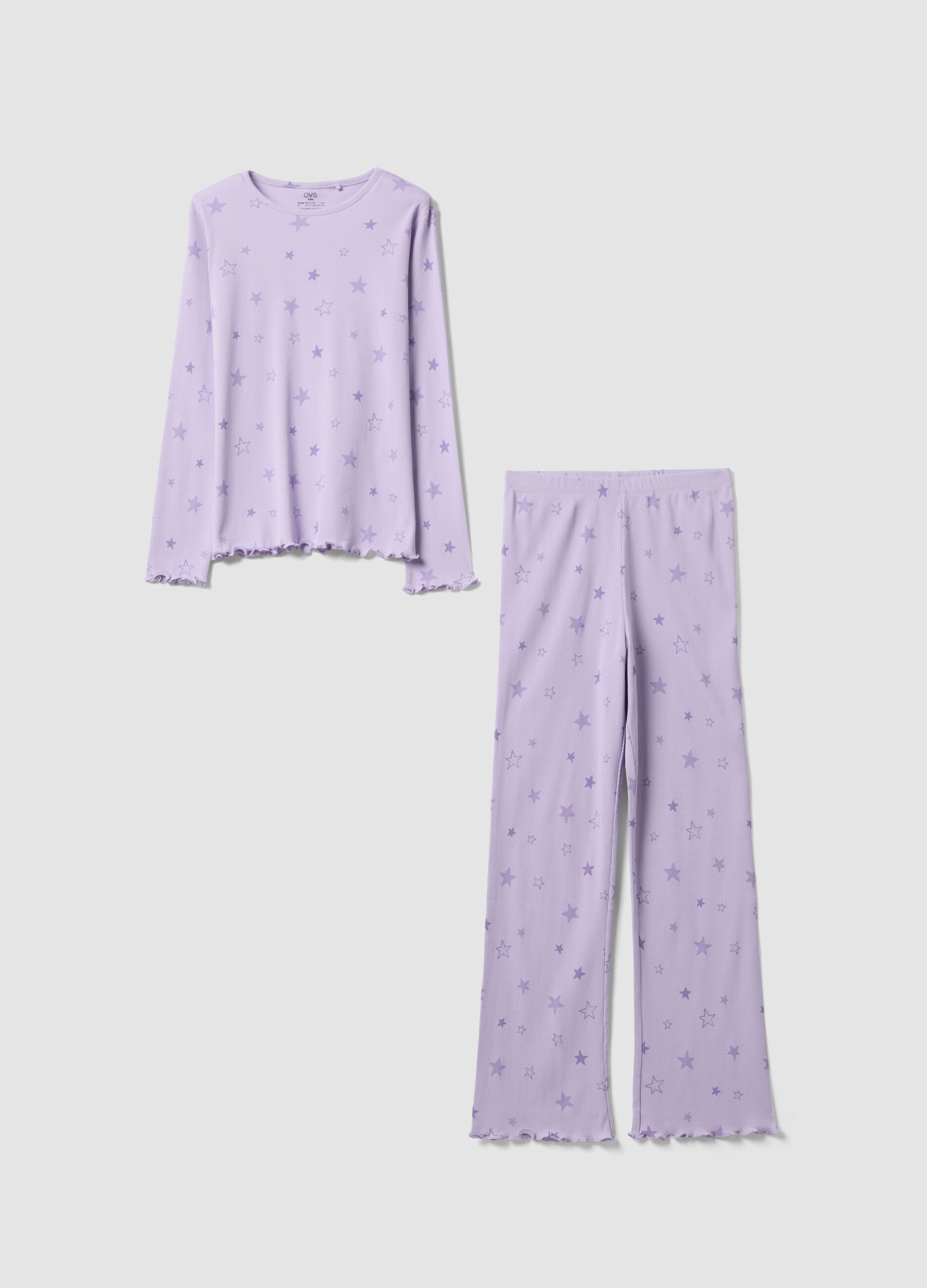 Purple girls&rsquo; pyjamas in pure organic ribbed cotton with star print