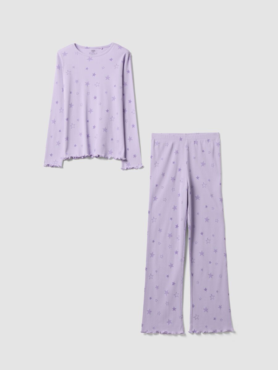 Purple girls&rsquo; pyjamas in pure organic ribbed cotton with star print_0