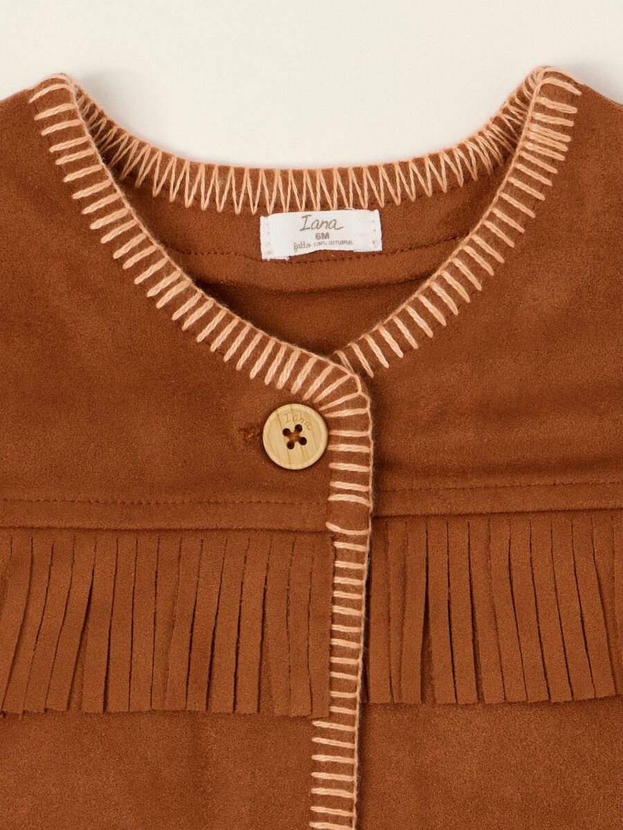 Gilet marrone con dettagli a frange in tessuto elasticizzato da neonata_1