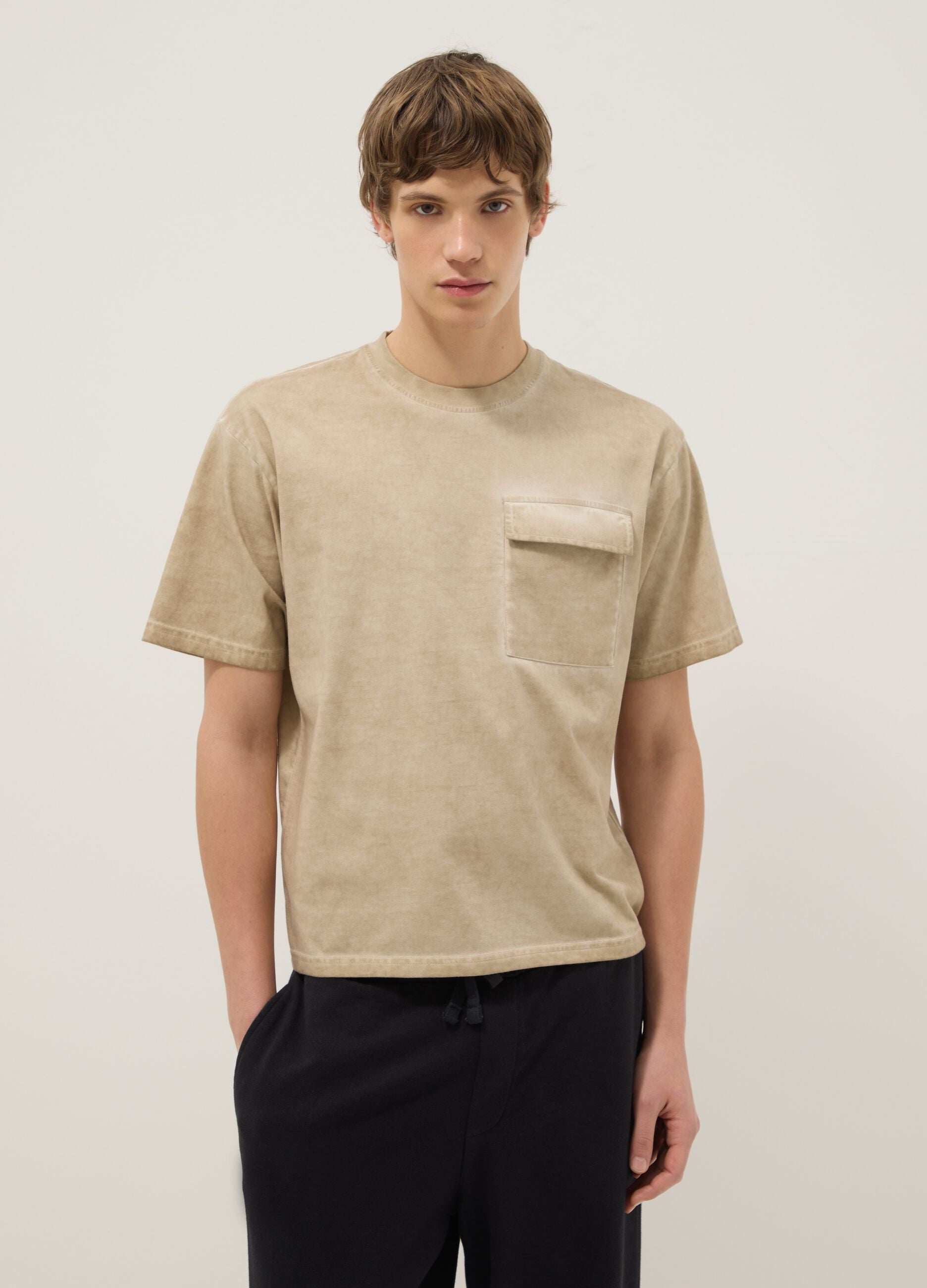 Beige pure cotton regular fit t-shirt with pocket