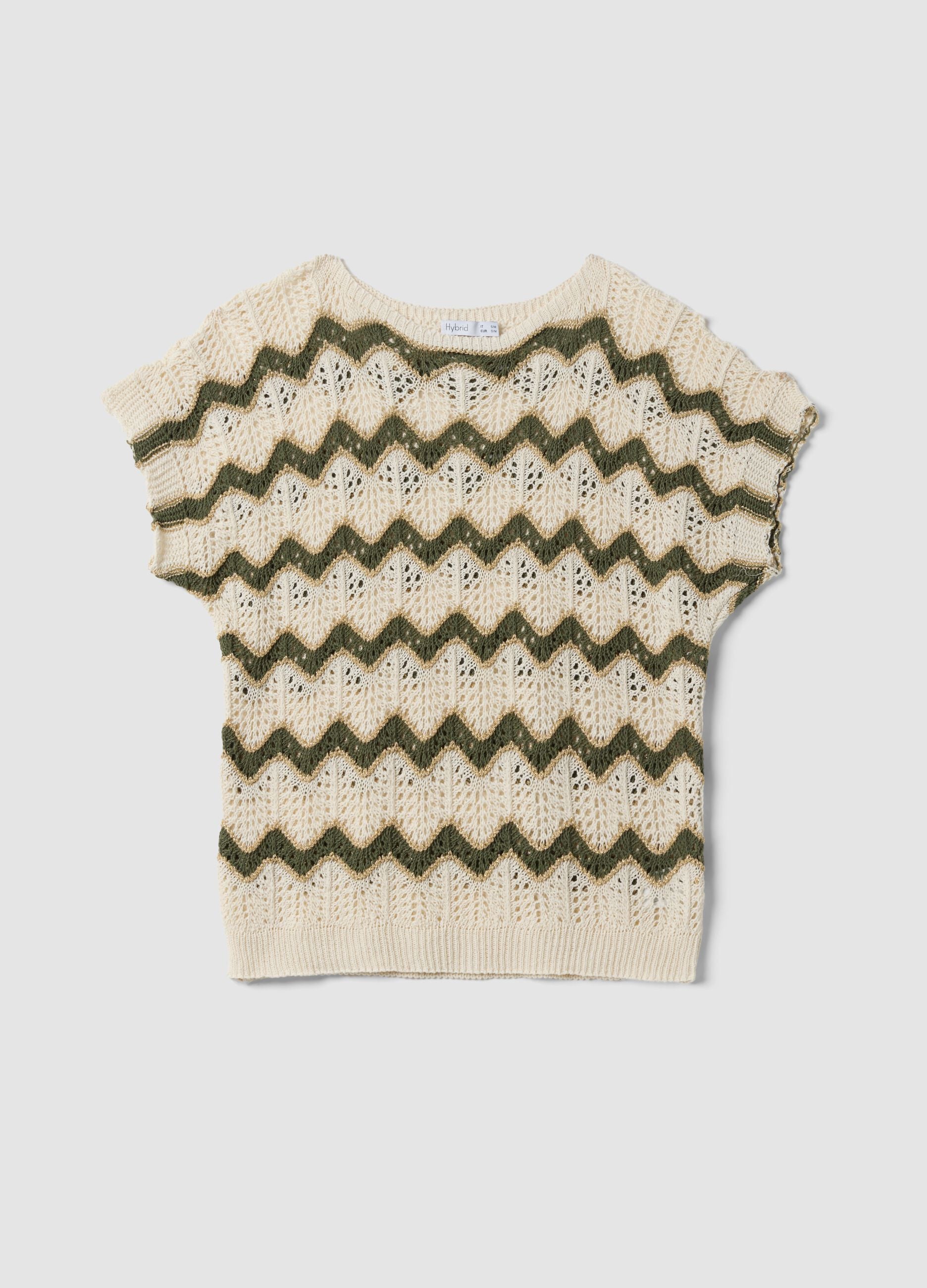 Beige open-knit striped top with green detailing in stretch cotton, regular fit