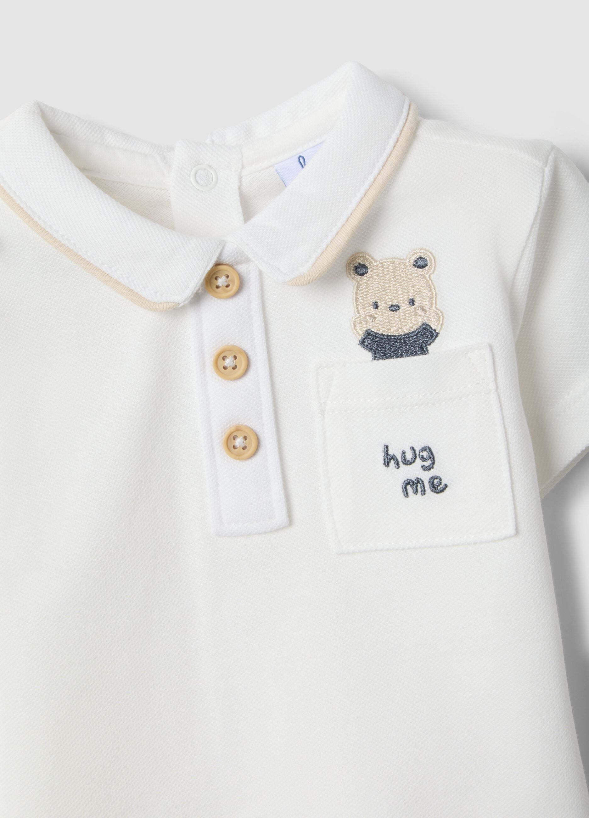 White pure cotton polo shirt for newborns with regular fit and embroidery