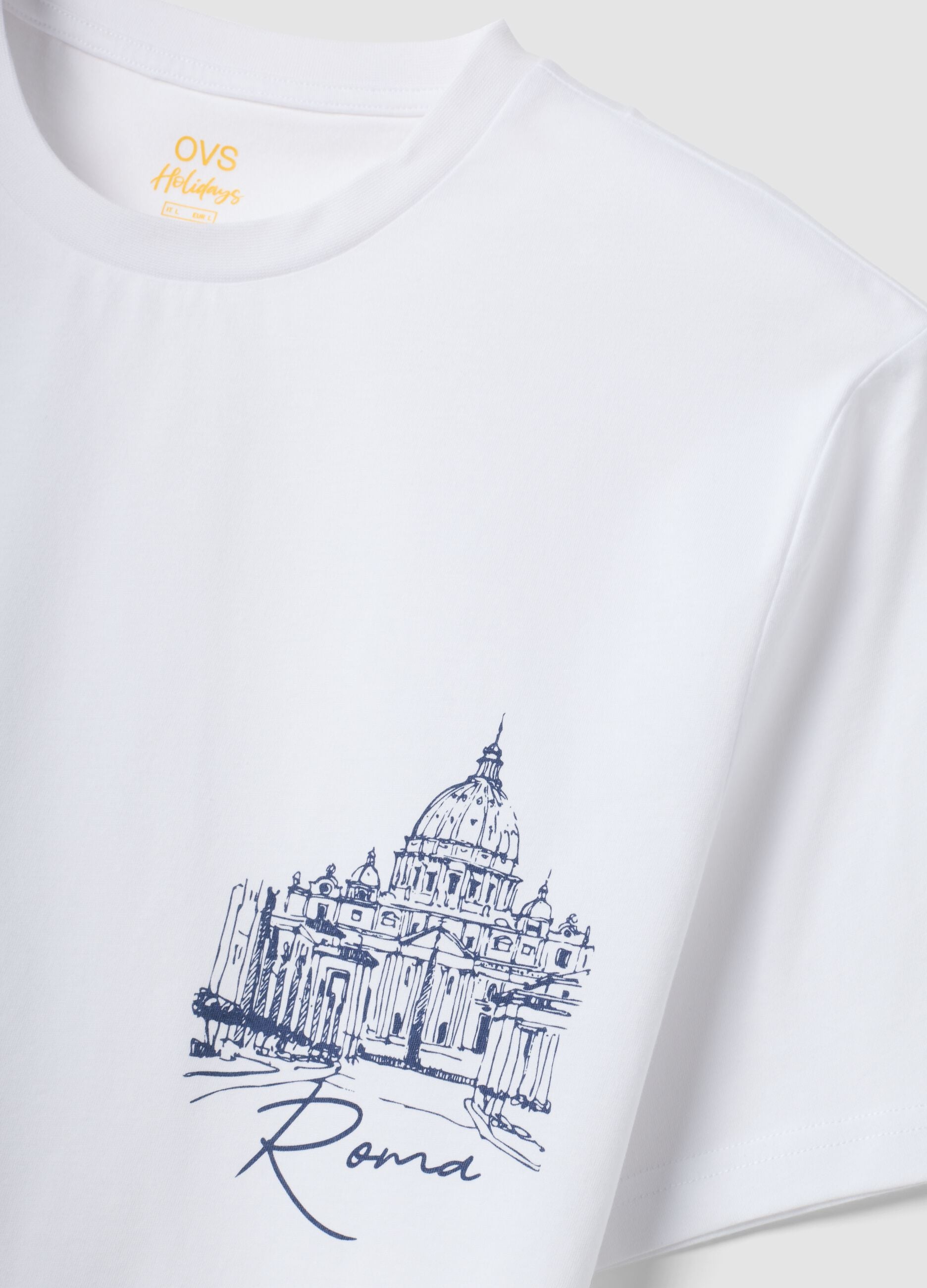 White pure cotton T-shirt with chest print, regular fit