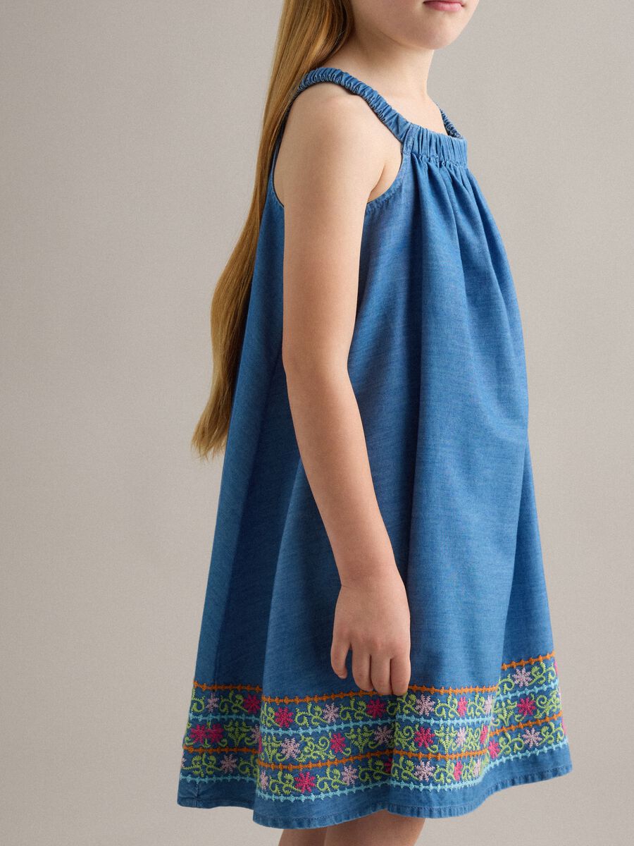 Blue pure lyocell dress with straps and hem embroidery_2