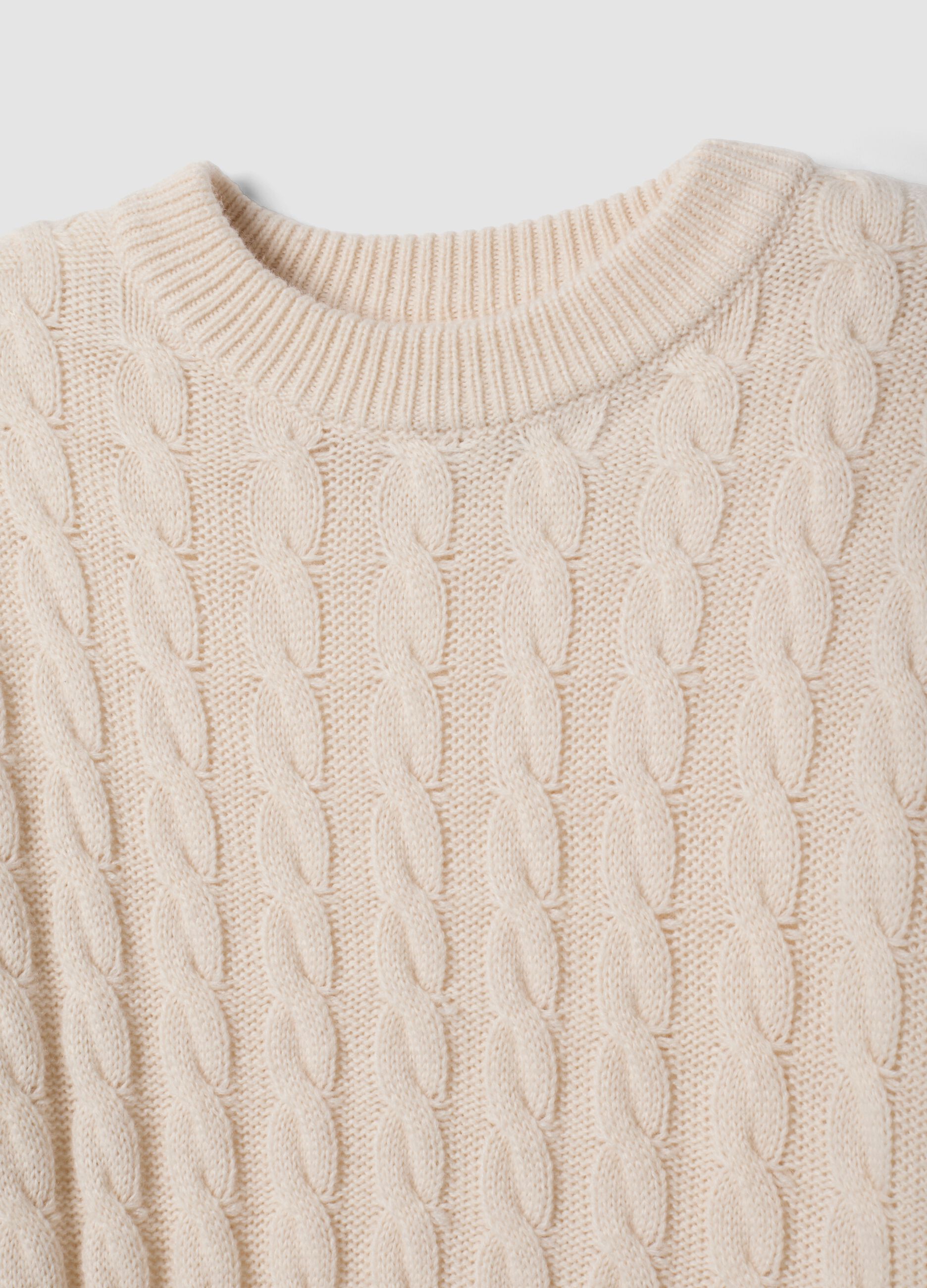 Beige wool-blend cable-knit crew-neck jumper in an oversized fit