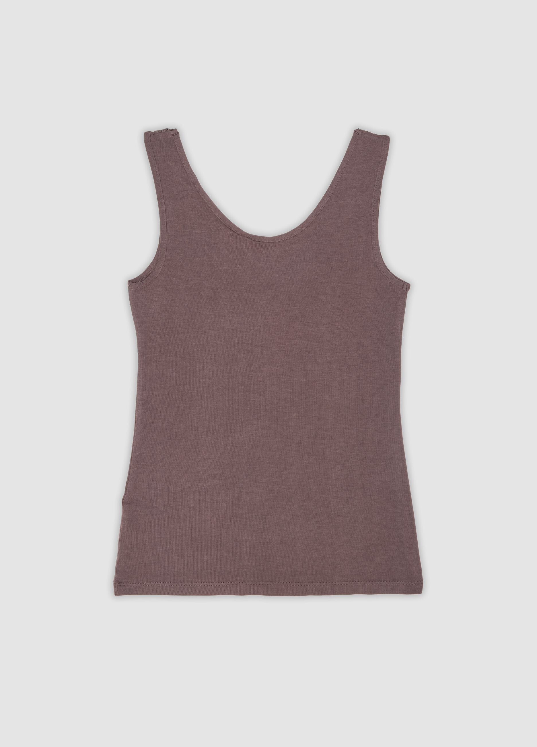 Brown stretch viscose camisole with deep V-neck and lace trim