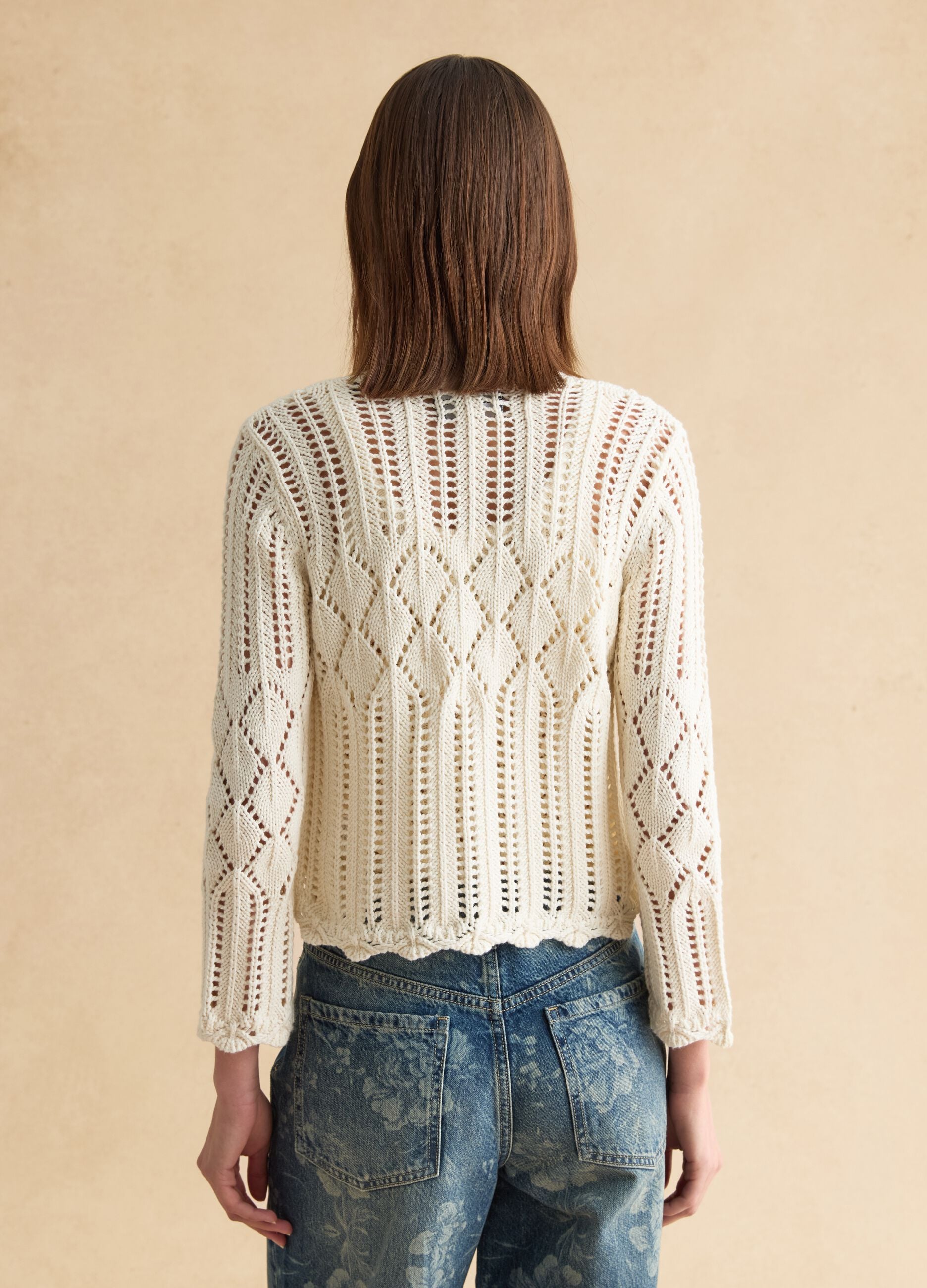 White Cotton Lace Cardigan Regular Fit Deep V