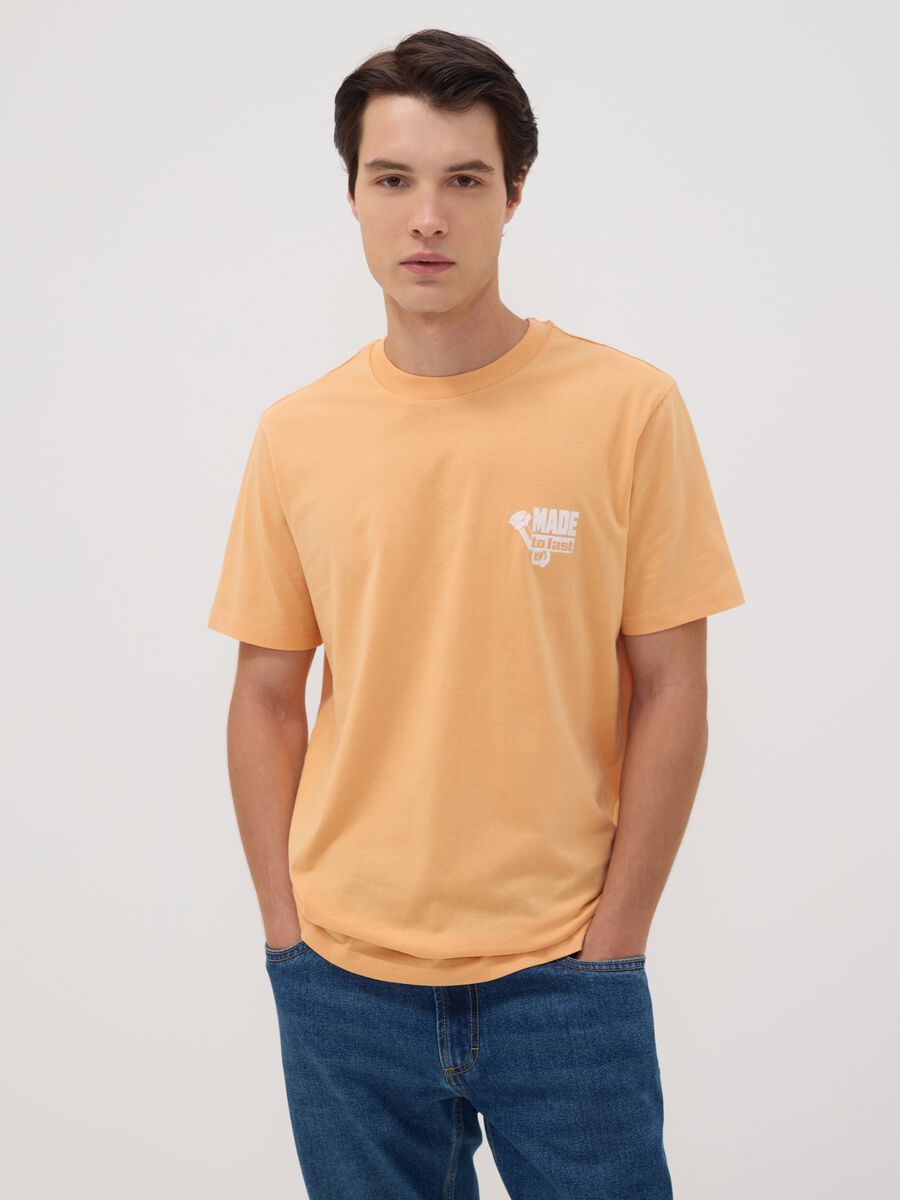 Orange pure cotton jersey T-shirt with chest print, regular fit_0