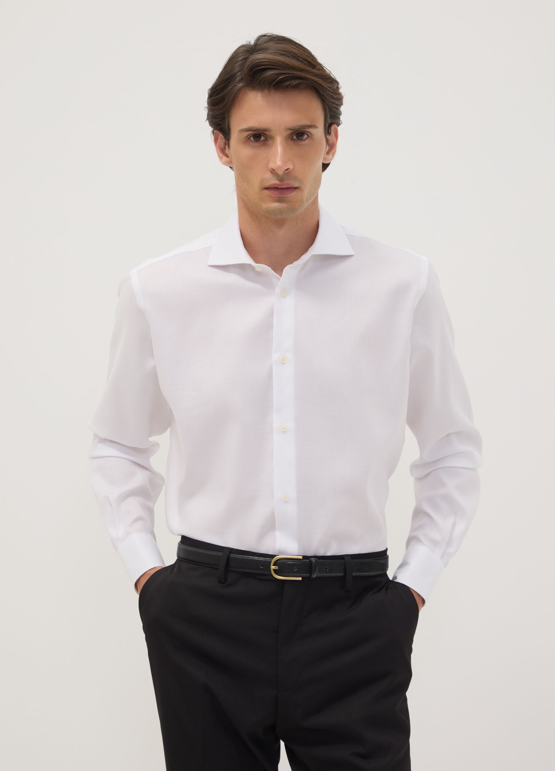 White pure cotton shirt with French collar, regular fit, non-iron
