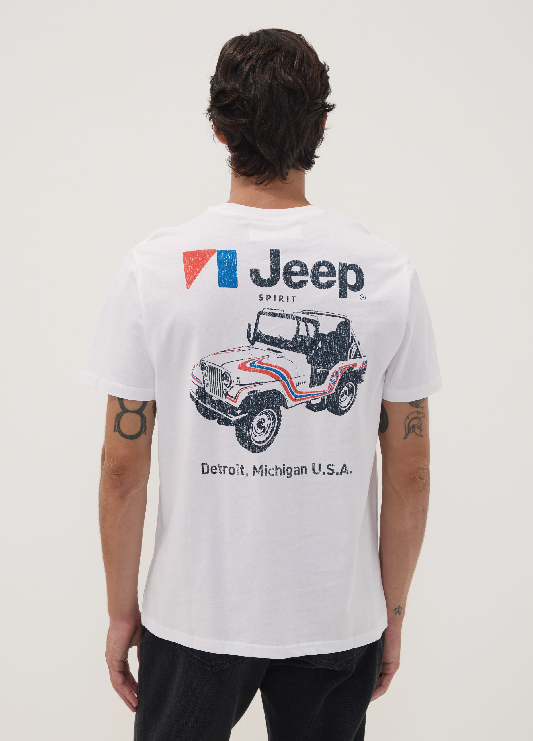 White pure cotton crew-neck T-shirt with Jeep print