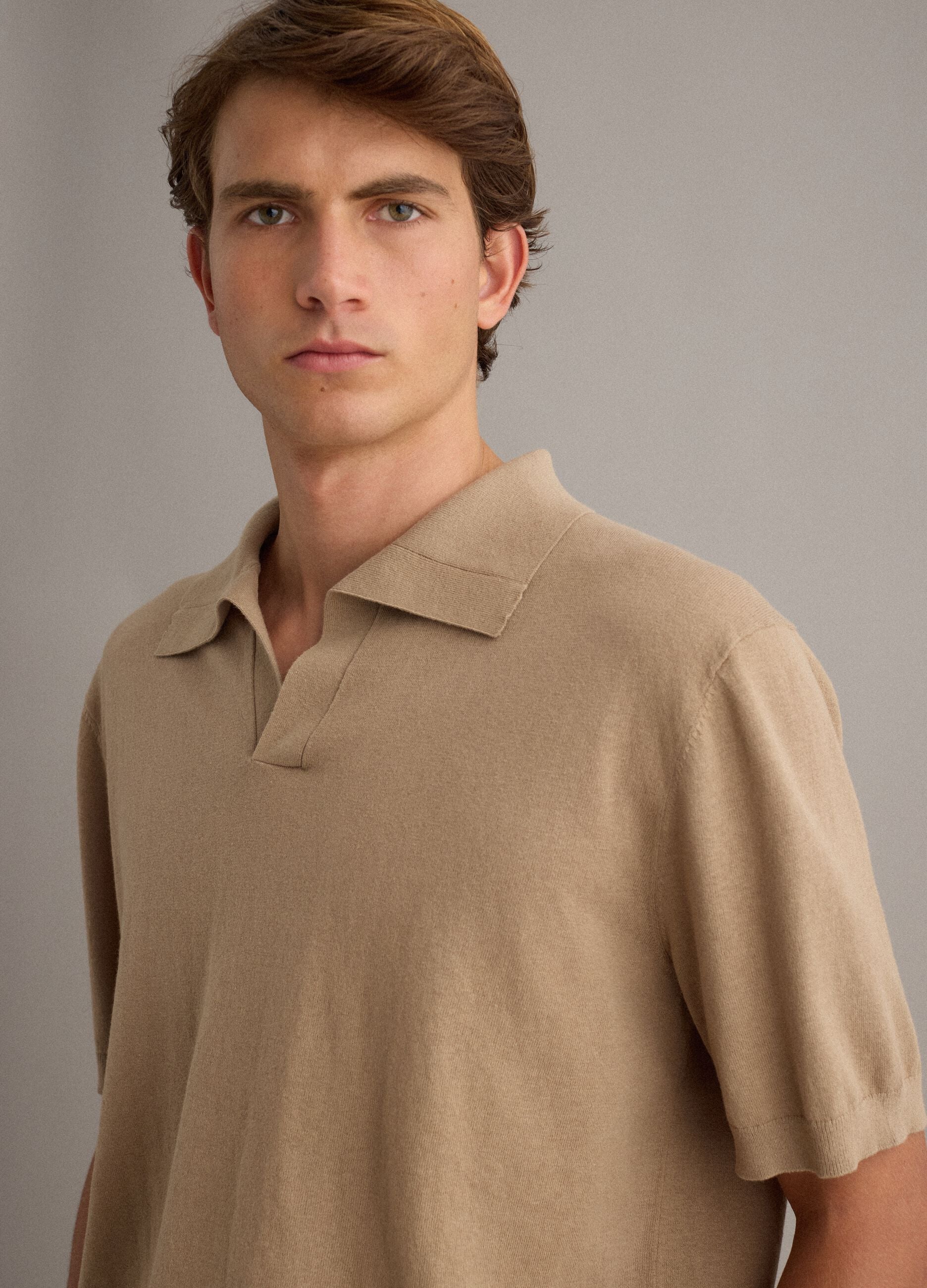 Beige short-sleeve pure cotton polo shirt, regular fit
