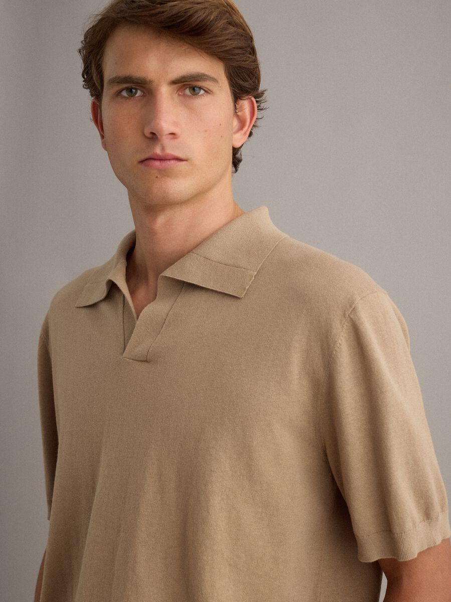 Beige short-sleeve pure cotton polo shirt, regular fit_3