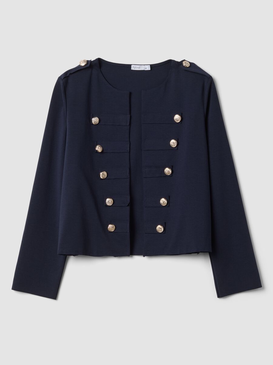 Blue cropped stretch cotton jacket with decorative buttons, regular fit_4