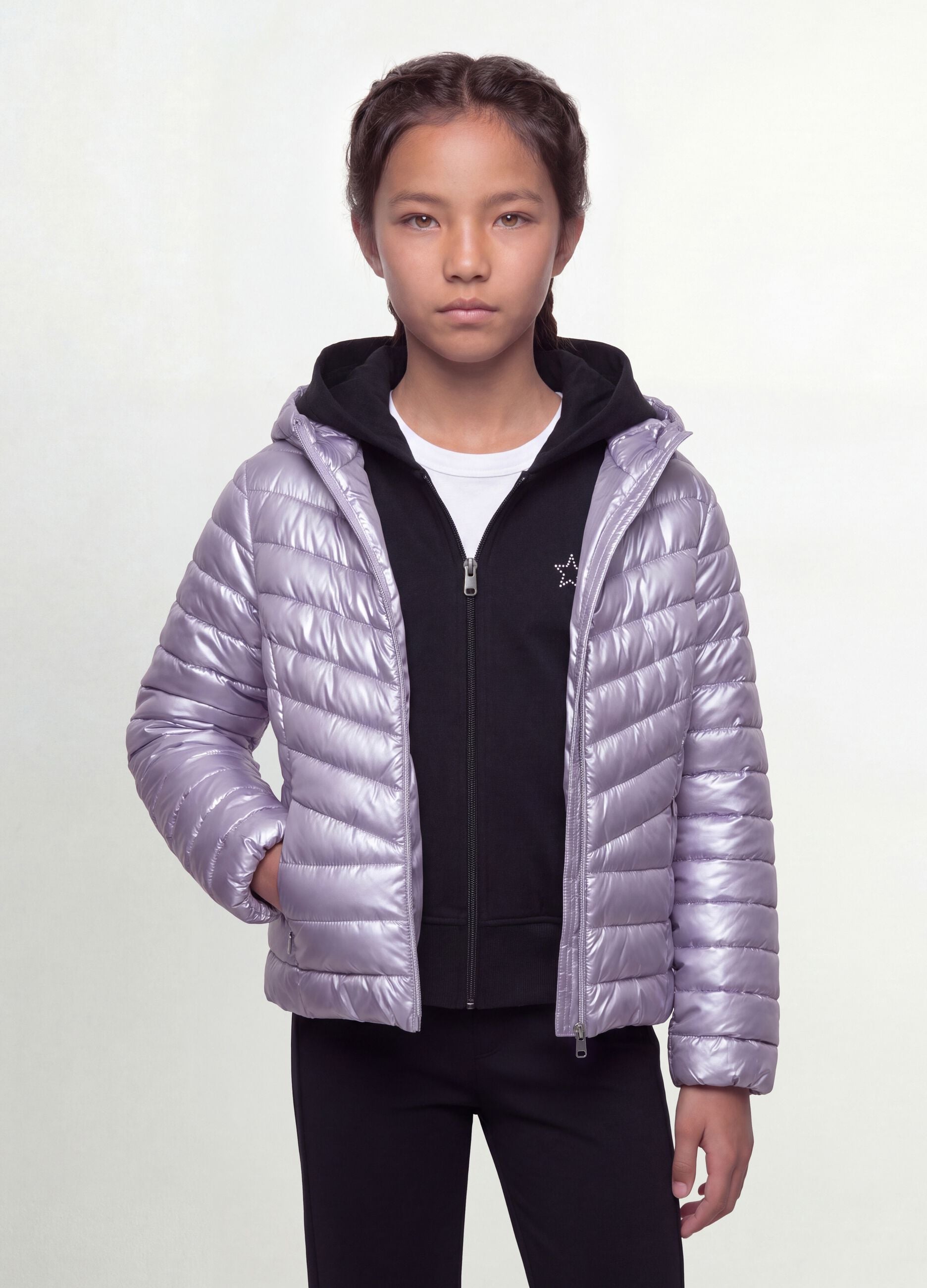 Purple Ultralight Padded Hooded Jacket with Zip for Girls