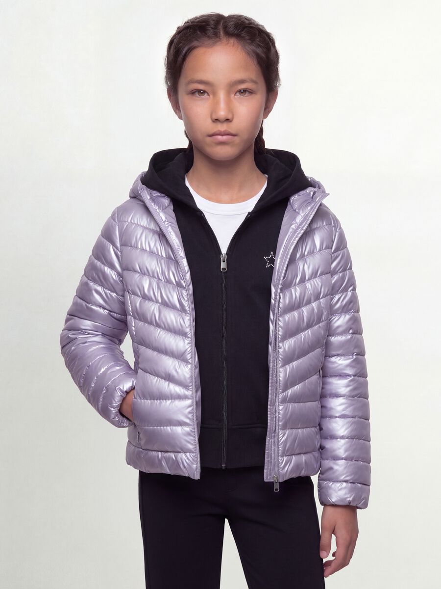 Giacca Ultralight imbottita viola con cappuccio e zip per ragazza_0