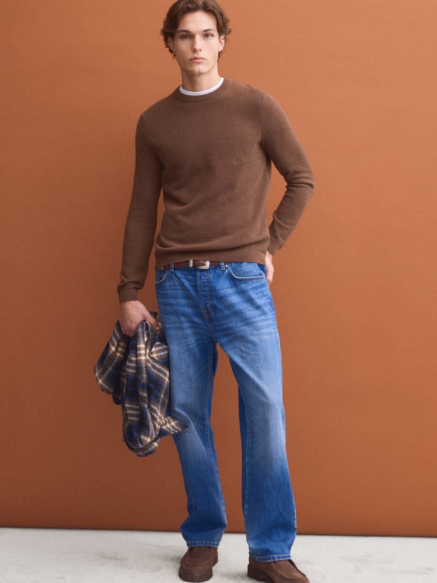 Brown pure cotton crew-neck jumper, regular fit_1
