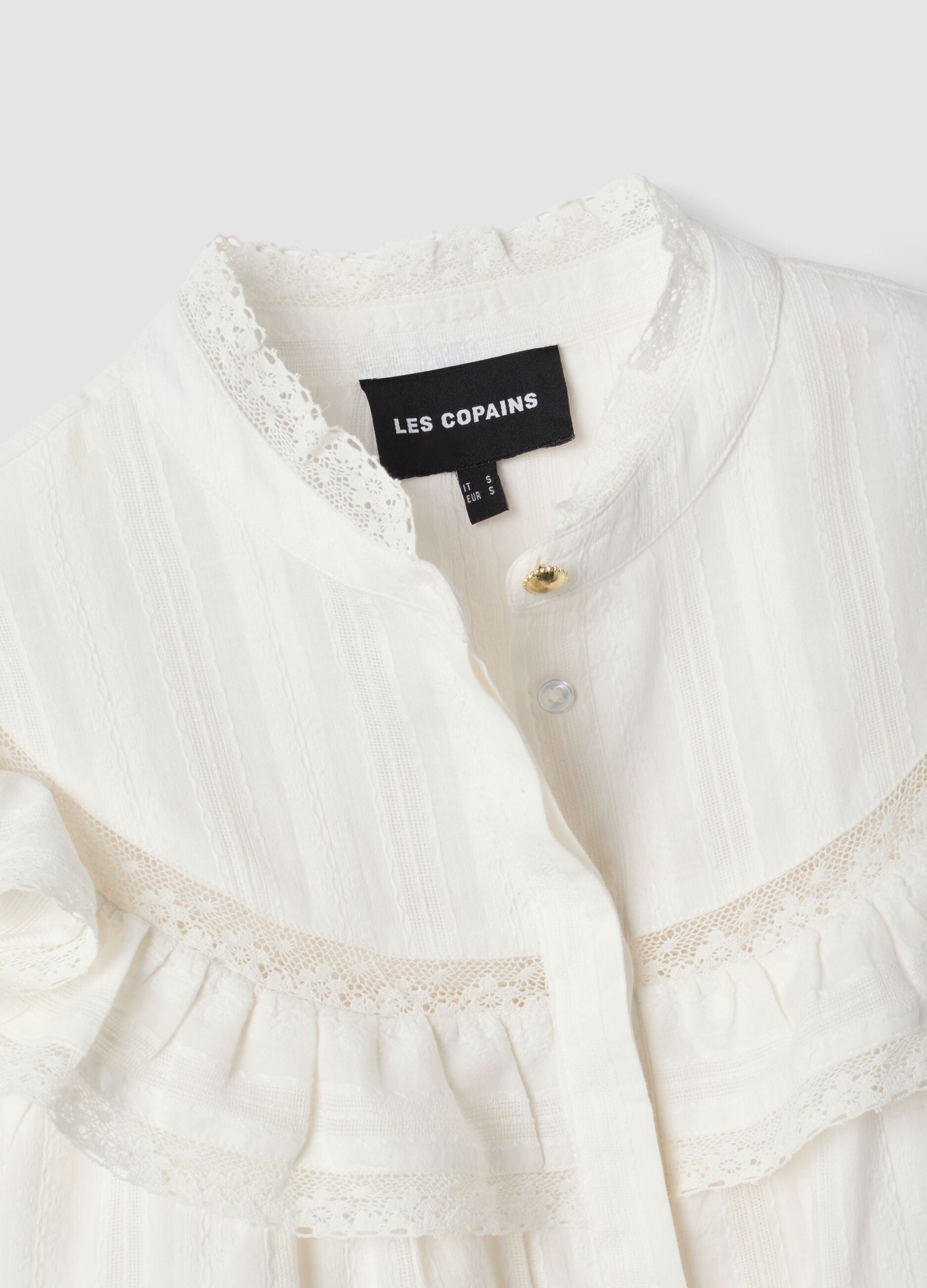 White pure cotton shirt with Mandarin collar and ruffles