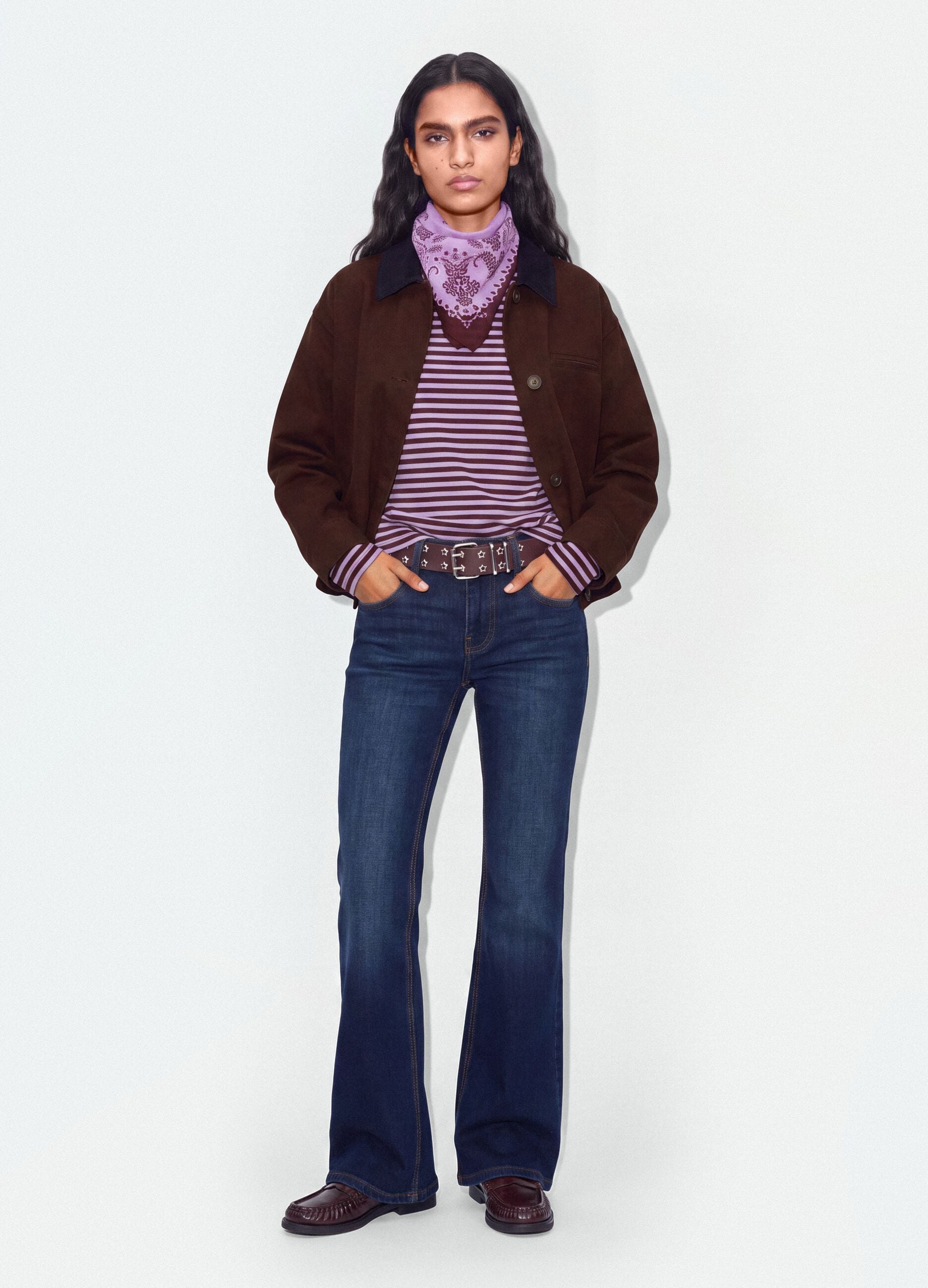 Brown pure cotton bomber jacket with contrast collar, regular fit