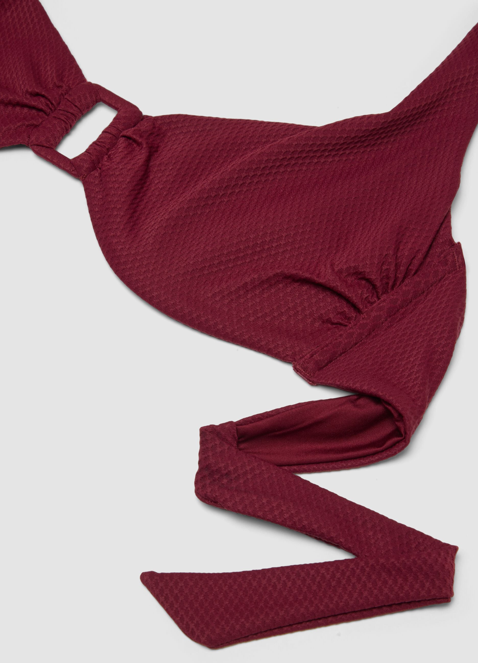 Red stretch triangle bikini top with central buckle
