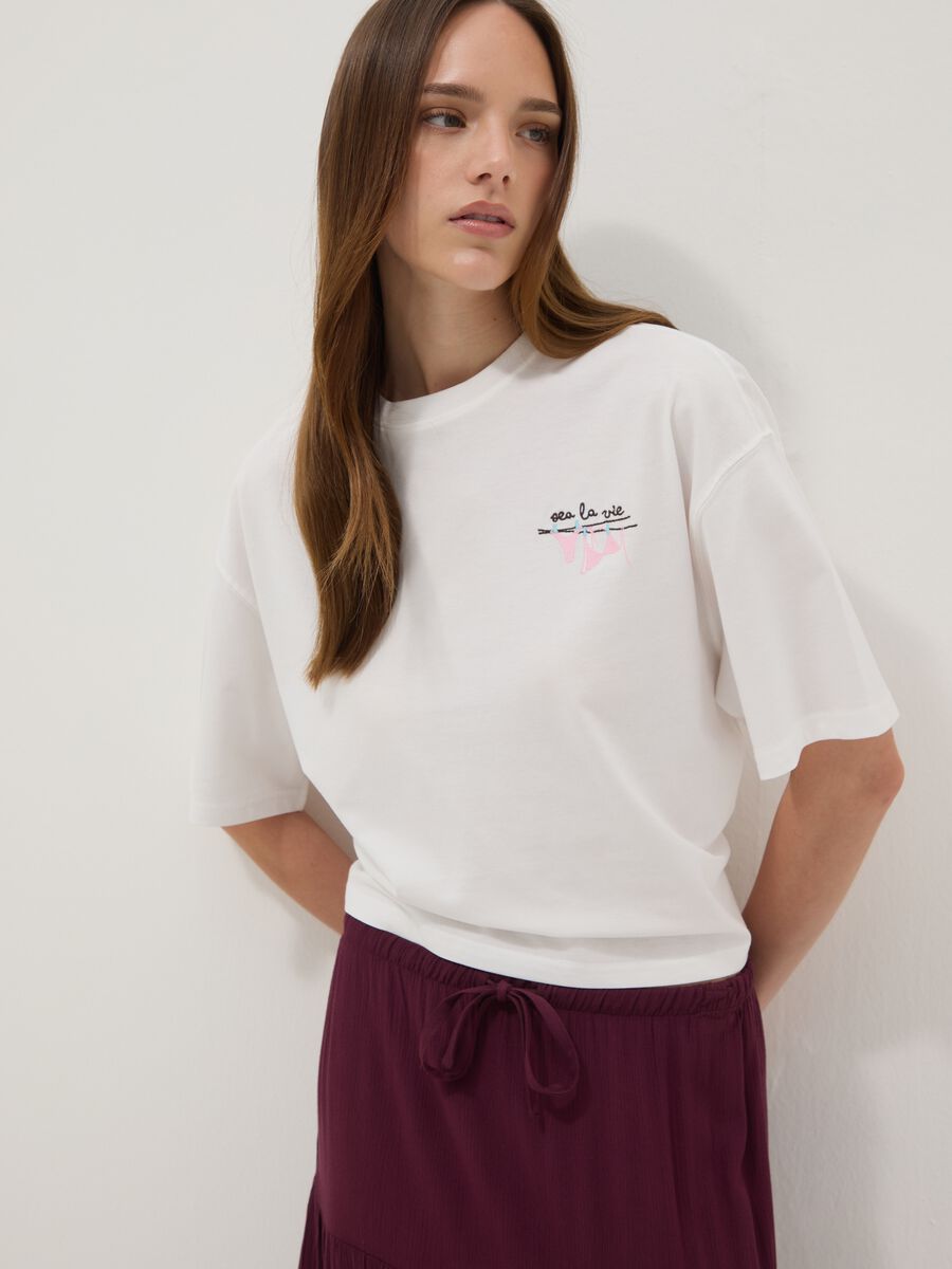 White pure cotton T-shirt with embroidery, boxy fit_0